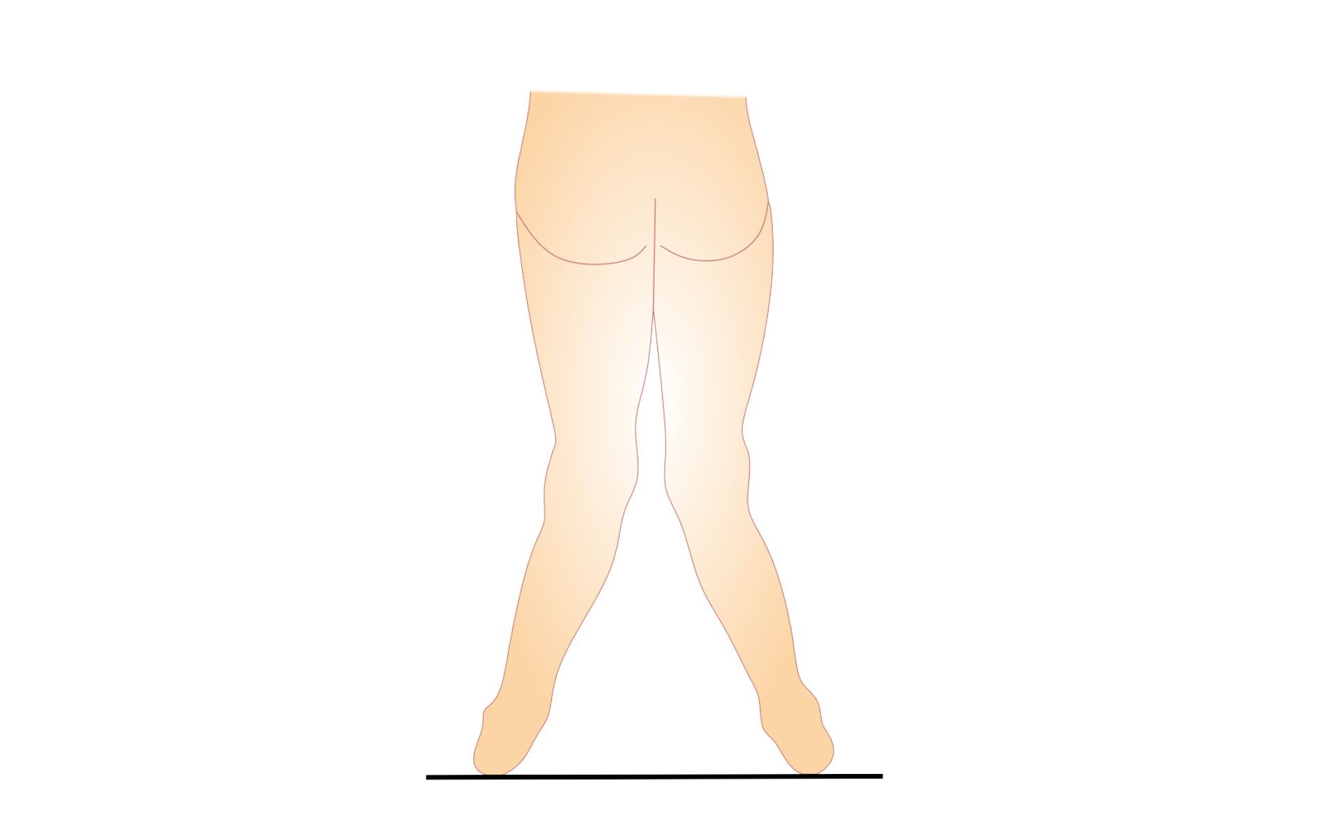 Grafika przedstawia tył kończyn dolnych człowieka. Kolana są ustawione blisko siebie, a między stopami znajduje się wolna przestrzeń.