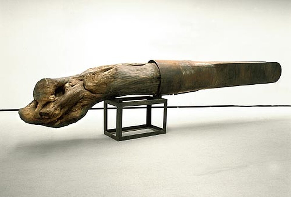 Ilustracja przedstawia artystyczną nazwaną jako przodek. Na środku jasnej sali, stoi sześcian przypominający akwarium bez szyb. Leży na nim poziomo ułożony kawałek drewnianego pnia, na jego jeden koniec nałożone jest metalowe wykończenie, częściowo spłaszczone.