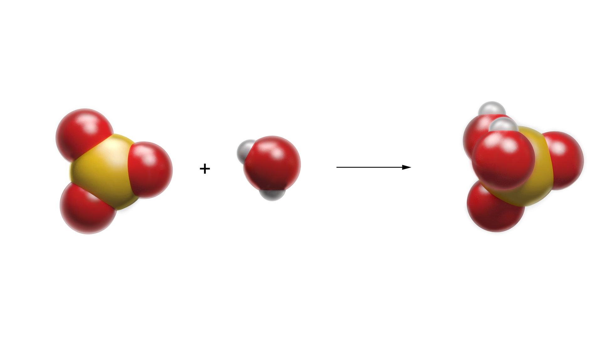 Ilustracja przedstawiająca model reakcji otrzymywania kwasu siarkowego(sześć). Żółte kulki symbolizują atomy siarki, czerwone atomy tlenu, a szare, najmniejsze atomy wodoru. Cząsteczka tlenku siarki(sześć) składa się z żółtej kulki połączonej z trzema kulkami czerwonymi. Dodać cząsteczka wody składającą się z kulki czerwonej stykającej się z dwiema małymi szarymi kulkami, które razem tworzą kąt rozwarty. Strzałka w prawo, za strzałką cząsteczka kwasu siarkowego (sześć)  składająca się z atomu siarki połączonego wiązaniami podwójnymi z dwoma atomami tlenu oraz wiązaniami pojedynczymi z dwiema grupami hydroksylowymi O H. Atomy w cząsteczce rozmieszczone są na planie tetraedru, w którego centrum znajduje się żółta kulka połączona z czterema czerwonymi kulkami znajdującymi się w narożach tetraedru, z których dwie stykają się, każda z jedną małą kulką w kolorze szarym, która odpowiada atomowi wodoru.