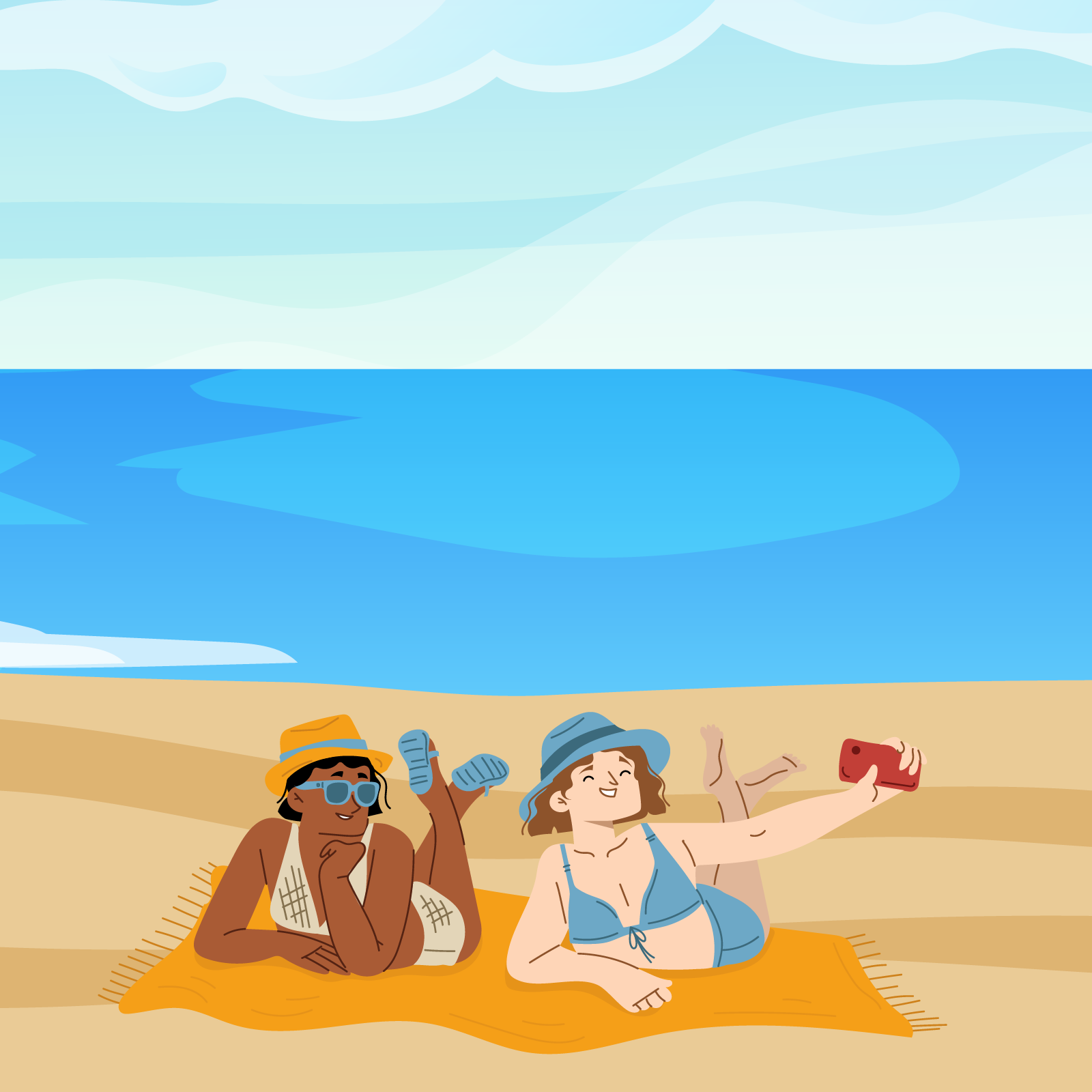 Ilustracja przedstawia dwie kobiet leżące na kocu nad brzegiem morza. 