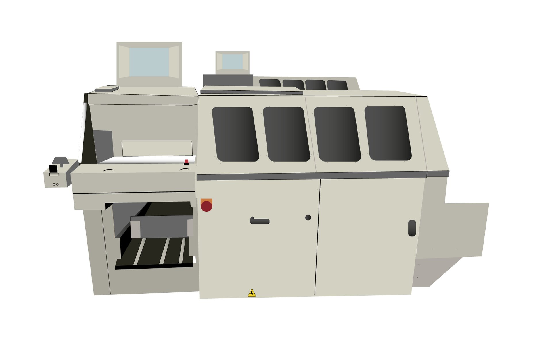 Fotografia przedstawia oklejarkę. Urządzenie kształtem przypominające prostopadłościan. Obudowa maszyny wykonana z metalowej blachy koloru jasnego z ciemnym paskiem biegnącym poziomo wzdłuż maszy. W lewej dolnej części maszyny znajduje się otwór podawczy. Powyżej niewielki blat roboczy. Nad nim ustawiony na maszynie duży monitor ekranowy. Obok po prawej drugi mniejszy monitor. W centralnej części od frontu przycisk bezpieczeństwa nad którym znajdują się cztery otwory wentylacyjne.