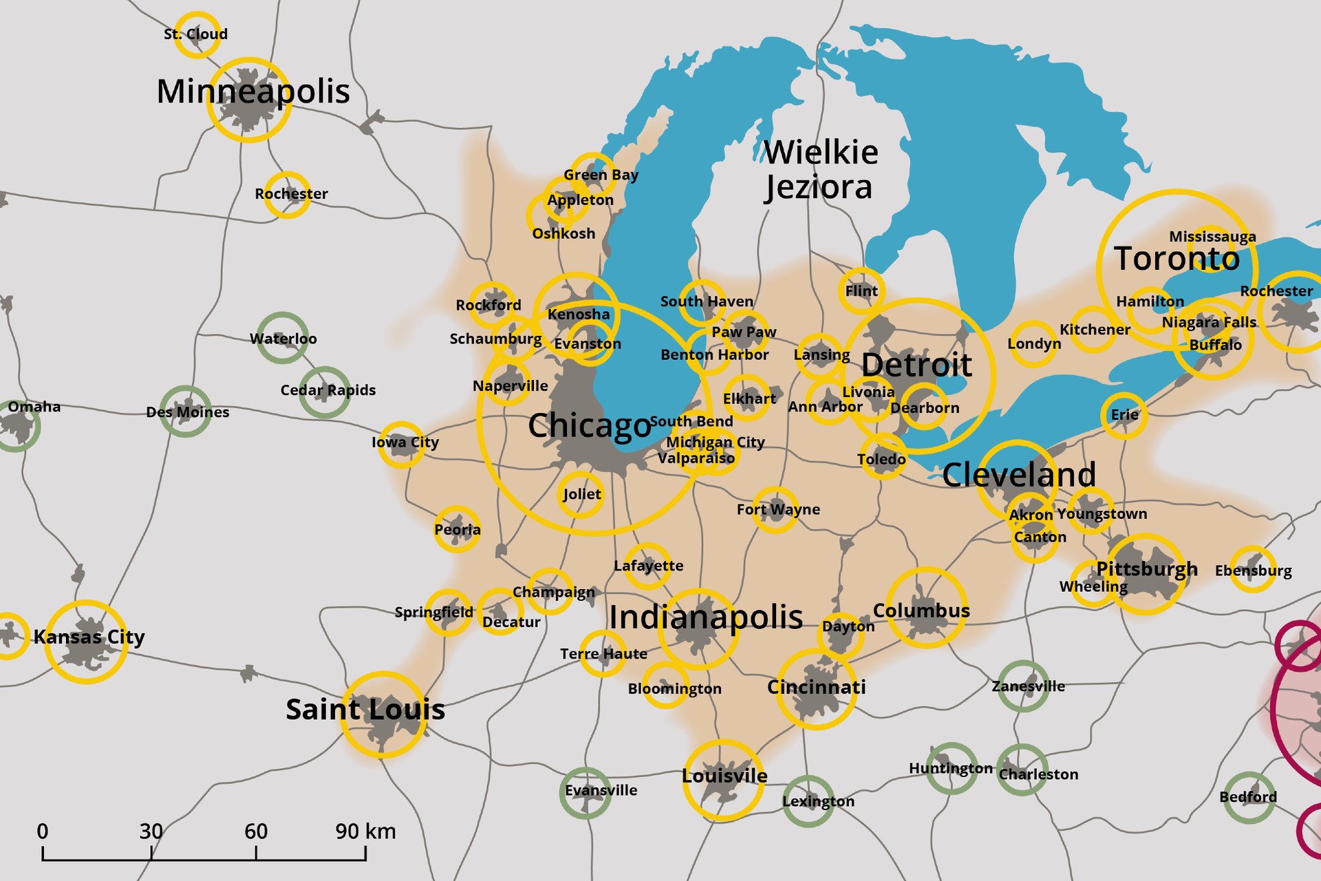 Mapa przedstawia ChiPitts - megalopolis nad wielkimi jeziorami w Stanach Zjednoczonych i Kanadzie. W centralnej części mapy znajduje się duży, pomarańczowy obszar oraz oznaczone kolorem niebieskim: Wielkie Jeziora. Na obszarze tym zaznaczone jest dużym pomarańczowym okręgiem Chicago, a wokół niego mniejsze miejscowości oznaczone mniejszymi kręgami: Kenosha, Evanston, Rockford, Schaumburg, Naperville, Jollet, Michigan City, Valparalso, South Bend, Elkhart, Benton Harbor, Paw-Paw, South Heaven. Po prawej stronie mapy większym pomarańczowym okręgiem oznaczone jest Detroit. Obok niego znajdują się mniejsze okręgi z miejscowościami: Flint, Langsing, Ann Arbor, Livenia, Dearborn, Toledo. Dalej po prawo znajdują się dwa jeziora. Nad brzegiem drugiego z nich umiejscowione jest zaznaczone dużym pomarańczowym okręgiem Toronto, w sąsiedztwie którego znajdują się oznaczone mniejszymi okręgami miejscowości: Mississauga, Rochester, Niagara Falls, Buffalo, Hamilton, Kitchener, Londyn. Na drugim brzegu jeziora, poniżej Detroit znajduje się oznaczone większym okręgiem Cleveland, w którego bezpośrednim sąsiedztwie leży Erie, Akron, Youngstown, Canton, Wheeling, Pittsburg, Ebensburg. W dolnej części obszaru oznaczone są mniejszymi okręgami następujące miejscowości: Iowa City, Poncja, Sprigfield, Decatur, Saint Louis, Champaign, Lafayette, Indianapolis, Fort Wayne, Columbus, Dayton, Cincinnati, Louisville, Bloomington i Terre Haute. Poza tym pomarańczowym obszarem na szarym tle znajduje się kilka innych miejscowości. Są to St. Cloud, Minneapolis, Rochester, Waterloo, Cedar Rapids, Des Moines, Omaha, Kansas City, Evansville, Lexington, Huntington, Charleston, Zanesville i Bedford zaznaczone zielonymi okręgami.
