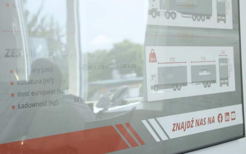 Krok czwarty, podpisany Planowanie załadunku towarów. Na zdjęciu widać fragment plakatu z rozrysowanymi wymiarami naczep transportowych.