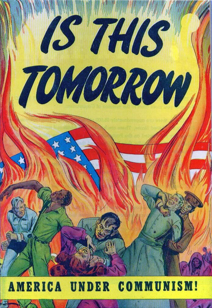 Ilustracja przedstawia okładkę komiksu.
W góry napisano w języku angielskim. To jest to jutro. Wokół napisu i poniżej znajdują się płomienie. W płomieniach na dole obrazka płonie amerykańska flaga. Czarnoskóry amerykański żołnierz bity jest przez mężczyznę. Obok inny mężczyzna dusi kobietę, a żołnierz dusi księdza. Pod spodem napis po angielsku: Ameryka w czasach komunizmu. 