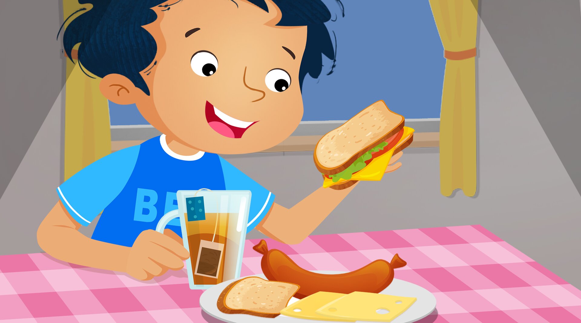Na ilustracji znajduje się chłopiec, który je kolację.