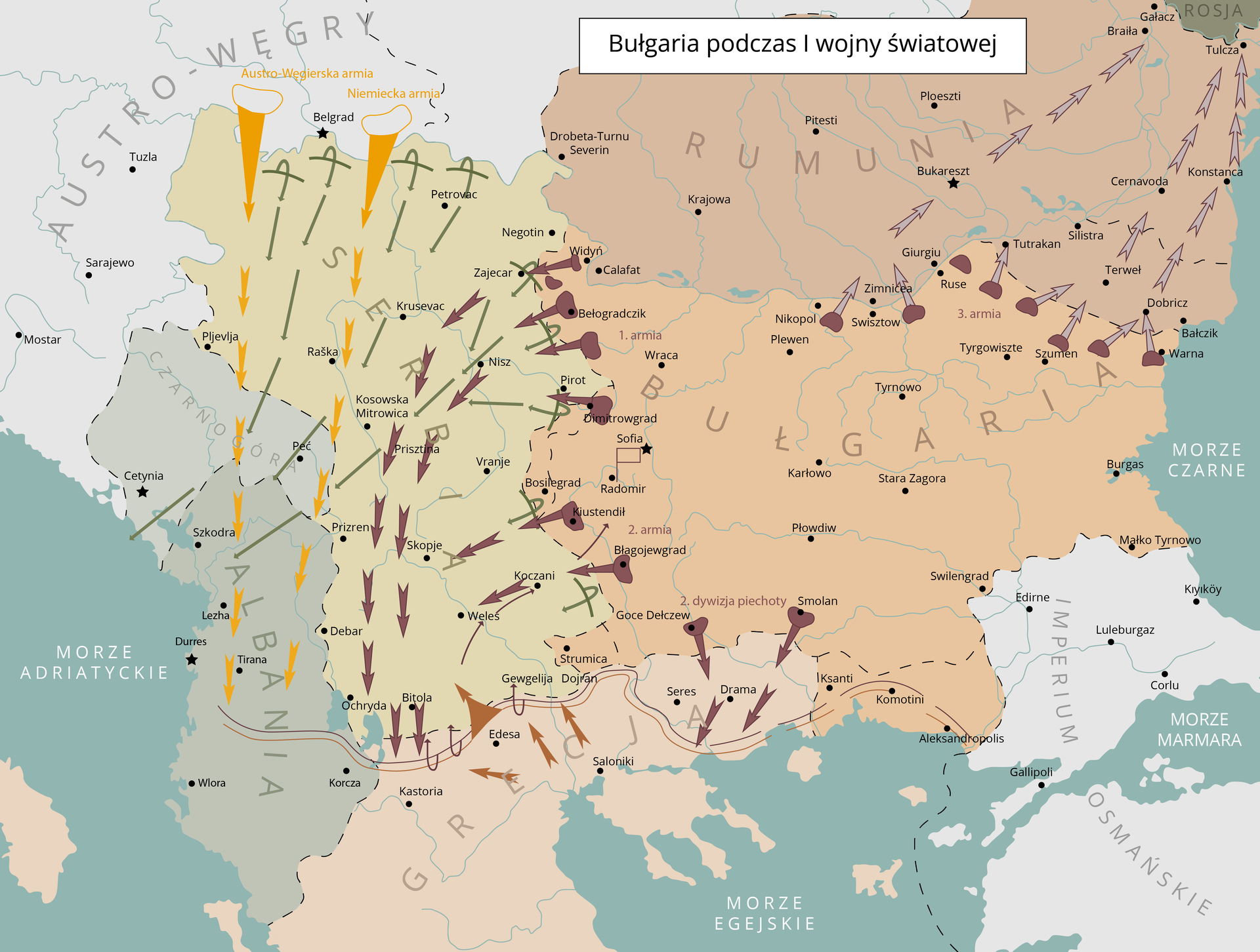 Ilustracja przedstawia mapę z zaznaczonymi państwami: Austro-Węgry, Rumunia, Bułgaria, Serbia, Albania, Grecja. za pomocą strzałek pokazano działania ofensywne Bułgarii w czasie pierwszej wojny światowej. Skumulowane były one na Serbii, Albanii oraz Rumunii.