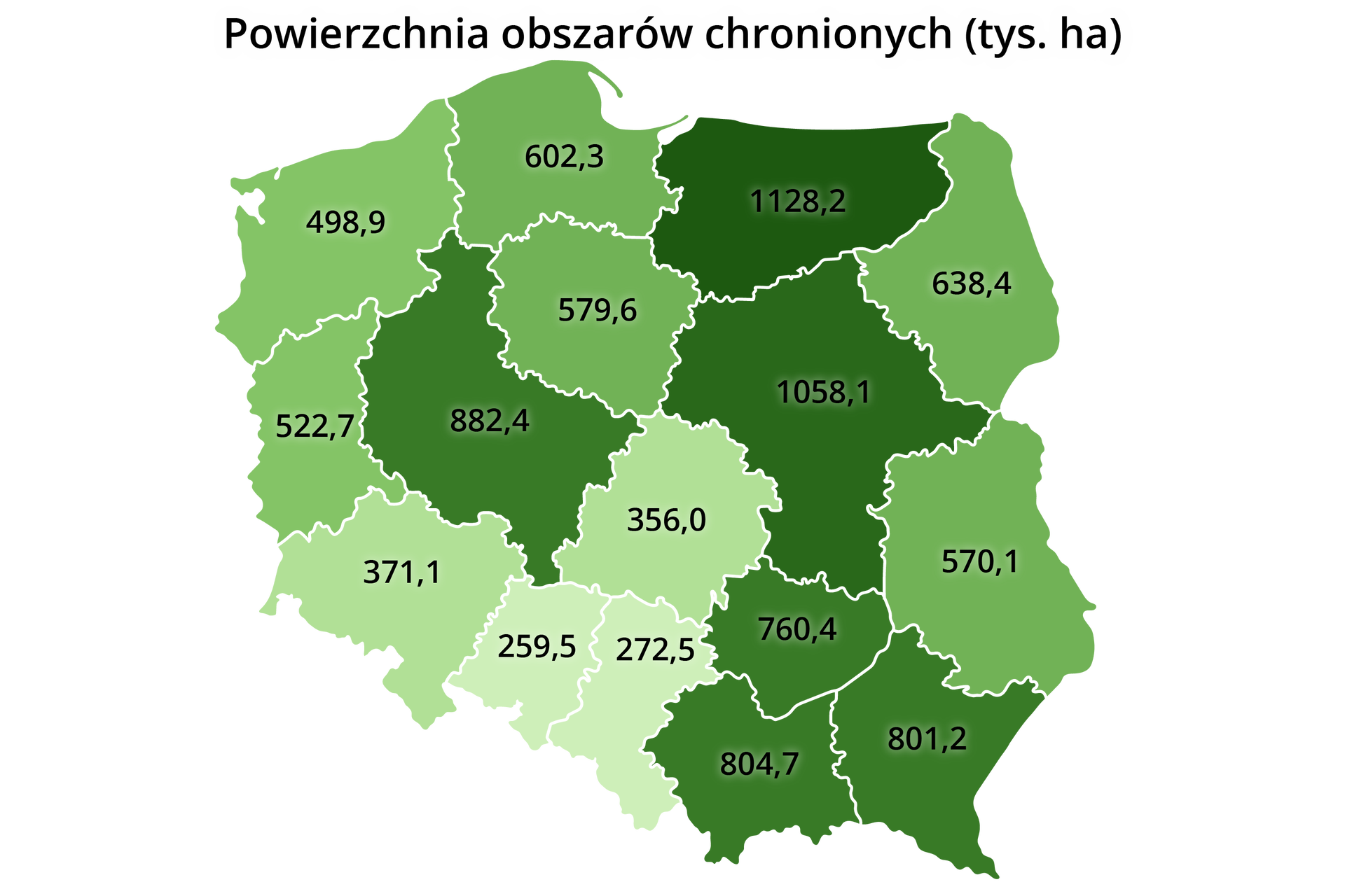 Mapa Polski z podziałem na województwa prezentująca powierzchnię obszarów chronionych wyrażoną w tysiącach hektarów.
Województwo zachodniopomorskie 498,9;
pomorskie 602,3;
warmińsko‑mazurskie 1128,2;
podlaskie 638,4;
mazowieckie 1058,1;
kujawsko‑pomorskie 579,6;
wielkopolskie 882,4;
lubuskie 522,7;
dolnośląskie 371,1;
opolskie 259,5;
śląskie 272,5;
łódzkie 356;
świętokrzyskie 760,4;
małopolskie 804,7;
podkarpackie 801,2.