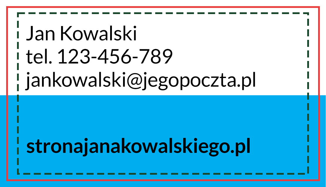 Ilustracja przedstawia wizytówkę. To prostokąt otoczony czerwoną ramką i ramką z linii przerywanych. W poziomie pół prostokąta jest koloru białego, w druga połowa, dolna, koloru niebieskiego. Na tle koloru białego napis: Jan Kowalski te. 123‑456‑789 jankowalski@jegopoczta.pl, na niebieskim tle jest napis: stronajanakowalskiego.pl.  