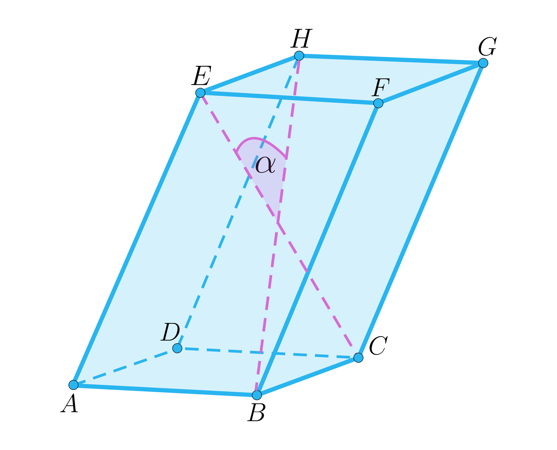 Ilustracja przedstawia graniastosłup pochyły A B C D E F G H. Zaznaczono na nim kąt między przekątnymi graniastosłupa B H i E C. Tworzą one kąt alfa 