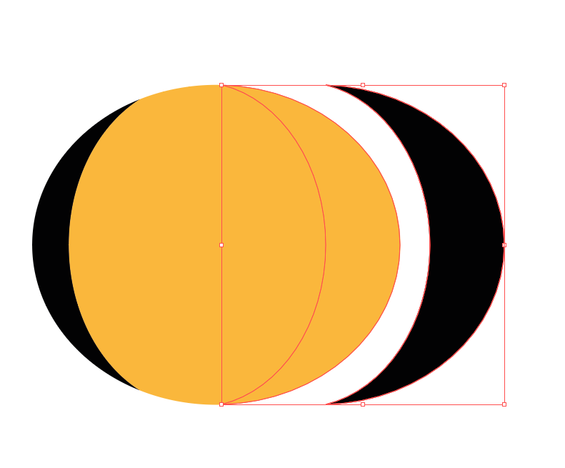 Ilustracja przedstawia żółtą elipsę, czarny półksiężyc z lewej strony przylegający do elipsy, oraz drugi czarny półksiężyc z prawej strony odsunięty od elipsy. Drugi półksiężyc jest w ramce z elementami do zmiany kształtów rysunku.