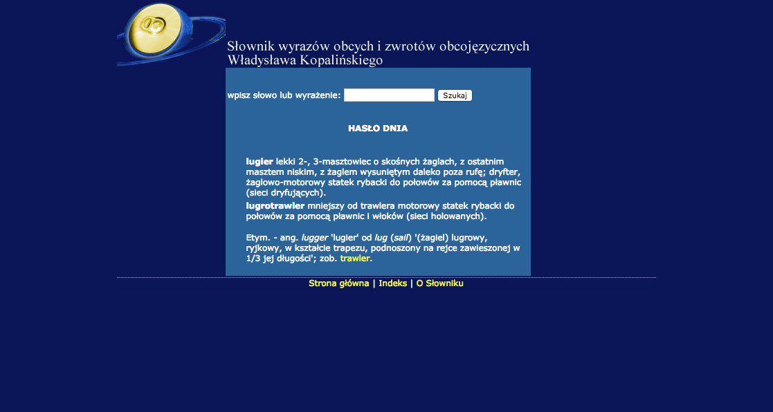 Ilustracja przedstawia zrzut z ekranu strony slownik-online.pl.  Na stronie znajduje się tytuł słownika, poniżej wyszukiwarka słów, poniżej przykładowo wyszukane znaczenia słów,
