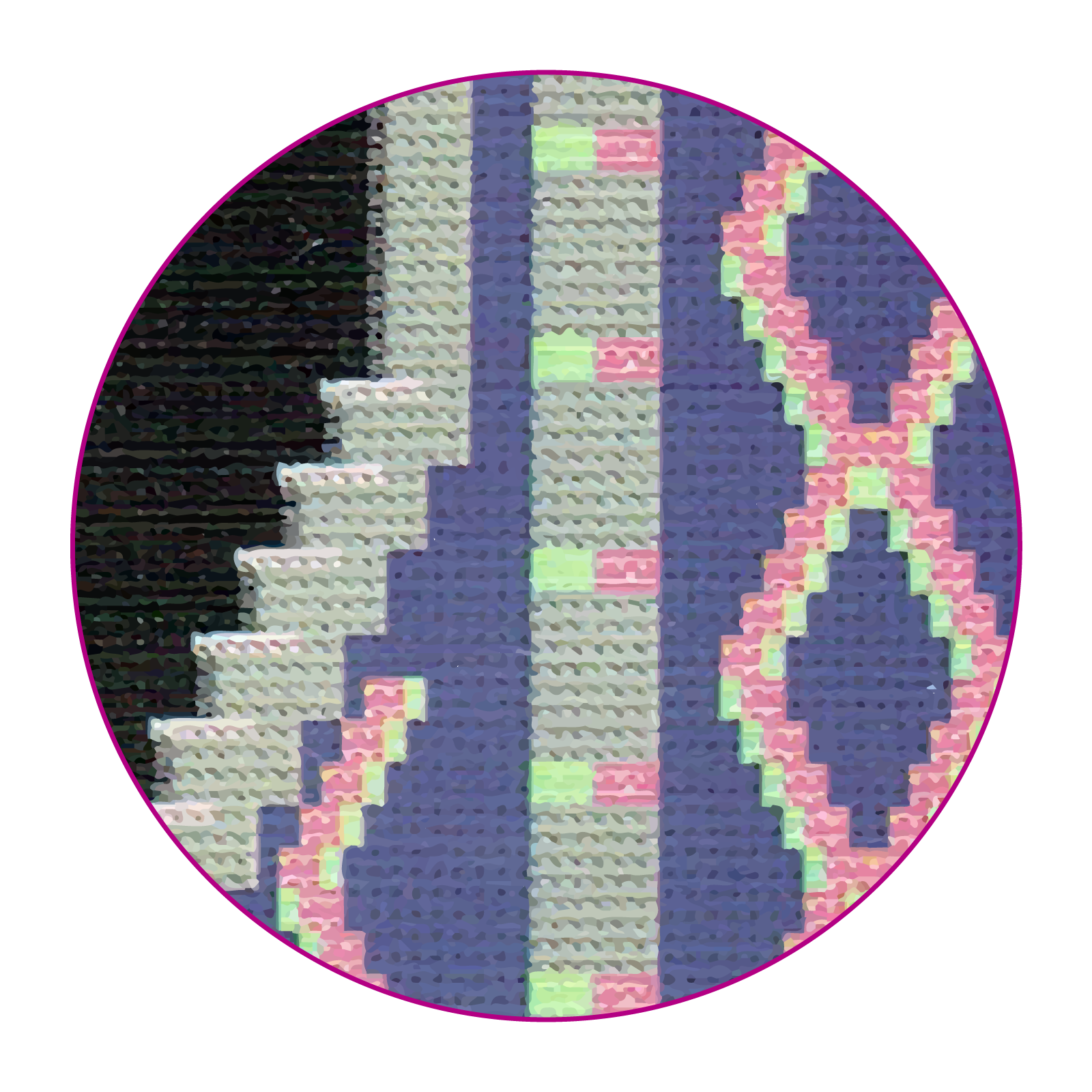 Na zdjęciu fragment wzoru wygenerowanego przez komputer. Na fioletowym tle znajdują się kolorowe romby, ozdobny pasek z punktami, kolorowe zygzaki.