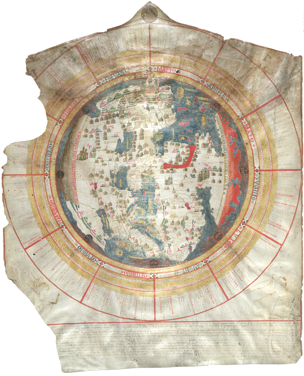 Na zdjęciu zniszczona kartka. W środku koło, gdzie są pokazane obiekty i akweny oraz lasy. Wokół pasek z nieczytelnymi napisami
