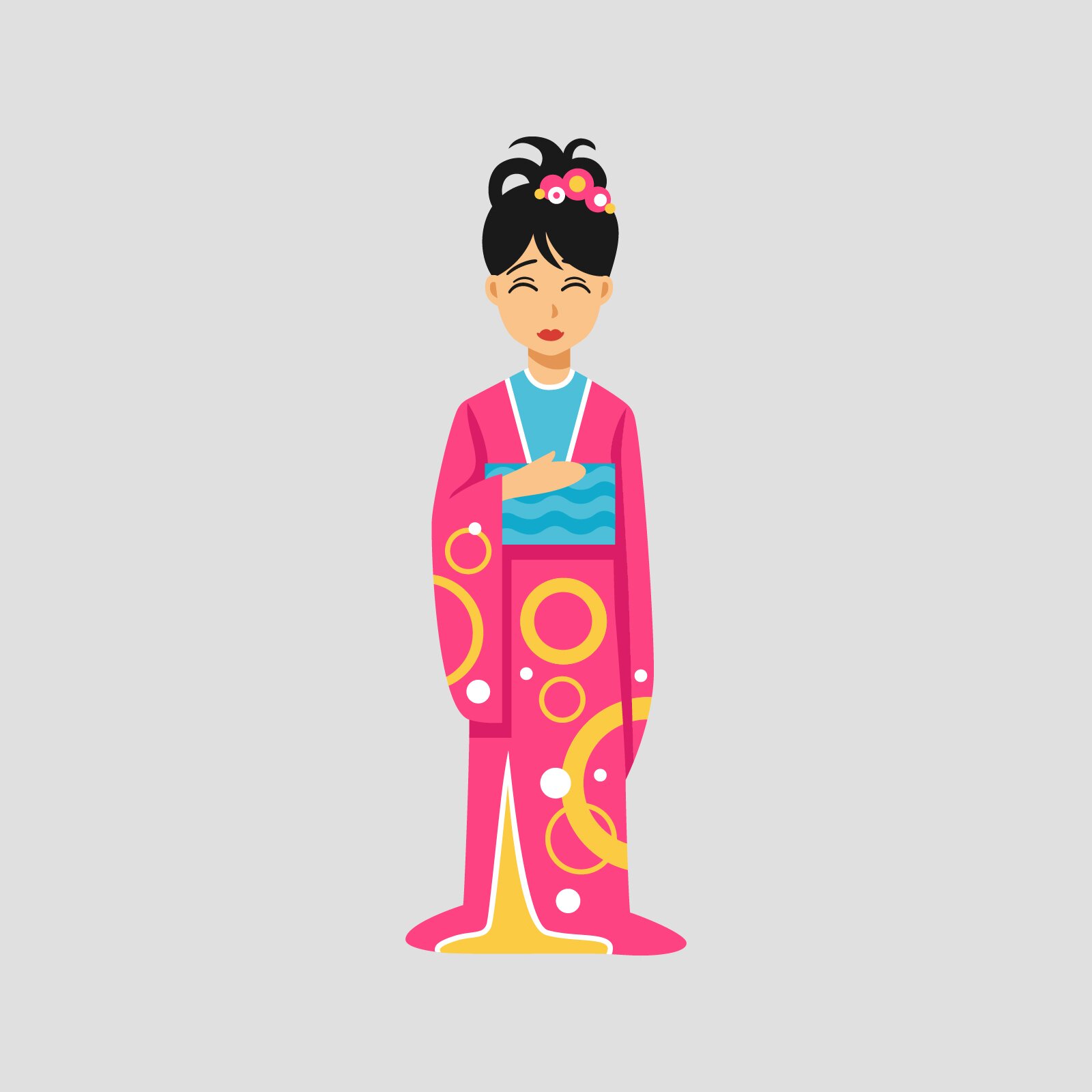 Ilustracja przedstawia azjatycką kobietę w różowym kimono z niebieskim pasem.