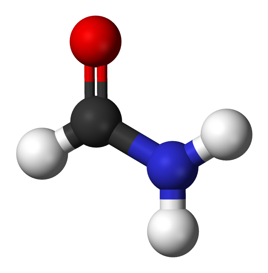 Na ilustracji znajduje się model cząsteczki formamidu. Do atomu węgla przyłączony jest tlen wiązaniem podwójnym, wodór wiązaniem pojedynczym oraz grupa aminowa N indeks dolny dwa.