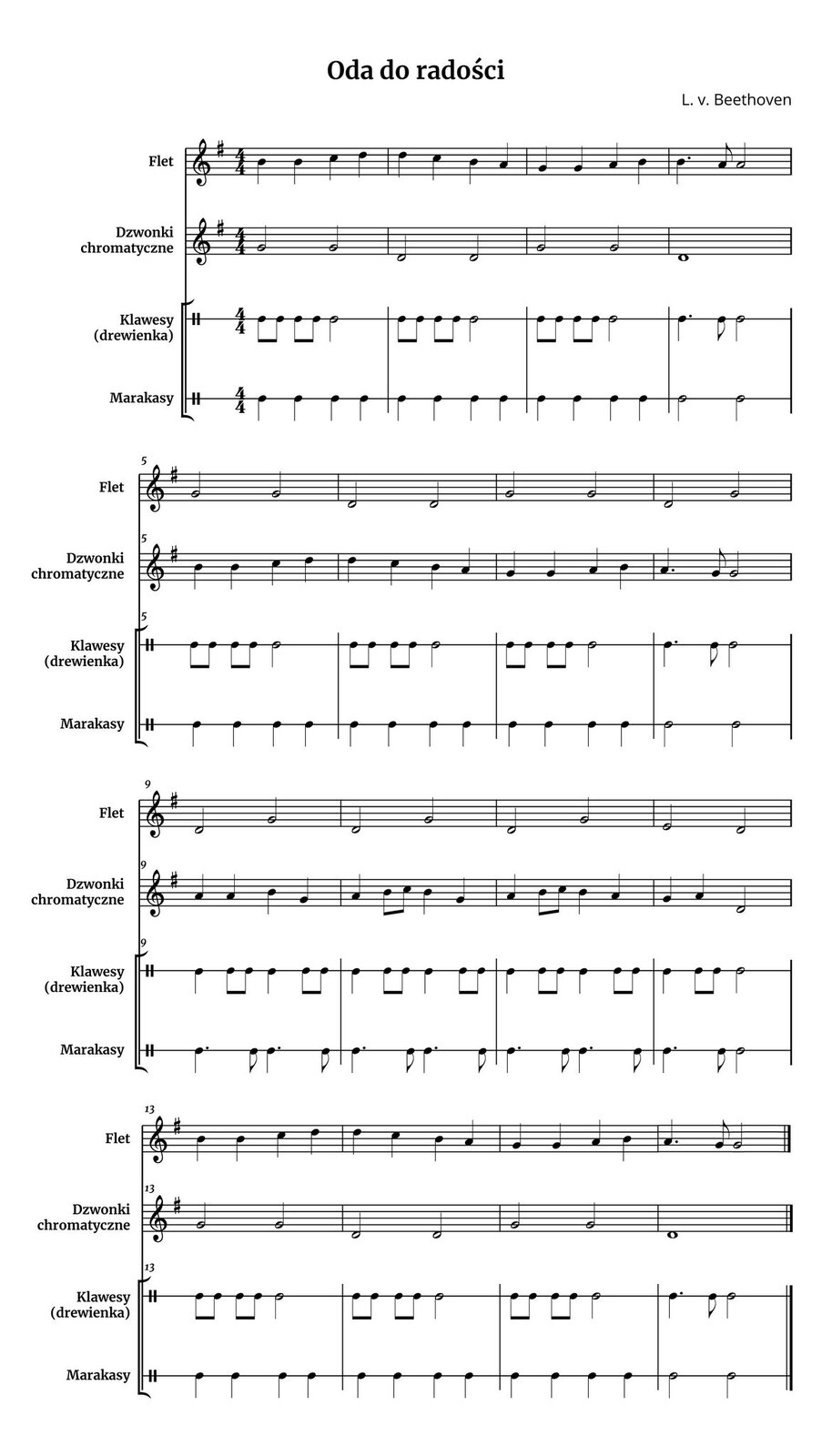 Grafika przedstawia partyturę utworu „Oda do radości” autorstwa Ludwiga van Beethovena. Utwór jest napisany w metrum cztery czwarte, w tonacji G‑dur. Partytura utworu ma jedną stronę, z zapisem szesnastu taktów. W partyturze znajdują się cztery partie: fletu, dzwonków chromatycznych, klawesów (drewienek) oraz marakasów. Flet oraz dzwonki chromatyczne zostały zapisane w kluczu wiolinowym, natomiast klawesy (drewienka) oraz marakasy w kluczu rytmicznym (perkusyjnym). W partii fletu w pierwszej linijce w pierwszym takcie na pierwsze dwie miary grane są dwie ćwierćnuty h, na miarę trzecią ćwierćnuta c, a na czwartą miarę ćwierćnuta d. W drugim takcie na pierwszą miarę zapisano ćwierćnutę d, na miarę drugą ćwierćnutę c, na trzecią miarę ćwierćnutę h, a na miarę czwartą ćwierćnutę a. W takcie trzecim na pierwszą oraz drugą miarę zapisano po ćwierćnucie g, na miarę trzecią ćwierćnutę a, na czwartą miarę ćwierćnutę h. W takcie czwartym na pierwszą miarę grana jest ćwierćnuta z kropką h, dalej ósemka a, a na miarę trzecią półnuta a.W partii dzwonków chromatycznych w pierwszej linijce w pierwszym takcie grana jest dwa razy półnuta g, na pierwszą oraz trzecią miarę, a w takcie drugim na pierwszą oraz trzecią miarę dwa razy półnuta d. W trzecim takcie na pierwszą oraz trzecią miarę zapisano po półnucie g, a w takcie czwartym grana jest wyłącznie cała nuta d.W partii klawesów (drewienek) w pierwszej linijce w pierwszych trzech taktach powtarza się ten sam schemat rytmiczny: cztery ósemki na pierwsze dwie miary oraz półnuta na miarę trzecią. W takcie czwartym na pierwszą miarę grana jest ćwierćnuta z kropką, następnie ósemka, a na miarę trzecią półnuta.W partii marakasów w pierwszej linijce w pierwszych trzech taktach powtarza się ten sam schemat rytmiczny: cztery ćwierćnuty w takcie, równo na każdą z miar. W takcie czwartym zapisano dwie półnuty, na pierwszą oraz trzecią miarę.W partii fletu w drugiej linijce w piątym takcie na miary pierwszą oraz trzecią grane są dwie półnuty g. W takcie szóstym zapisano dwie półnuty d, na pierwszą oraz trzecią miarę, a w takcie siódmym ponownie dwie półnuty g. W ósmym takcie na pierwszą miarę grana jest półnuta d, a na miarę trzecią półnuta g.W partii dzwonków chromatycznych w drugiej linijce w piątym takcie na pierwsze dwie miary grane są dwie ćwierćnuty h, na miarę trzecią ćwierćnuta c, a na czwartą miarę ćwierćnuta d. W szóstym takcie na pierwszą miarę zapisano ćwierćnutę d, na miarę drugą ćwierćnutę c, na trzecią miarę ćwierćnutę h, a na miarę czwartą ćwierćnutę a. W takcie siódmym na pierwszą oraz drugą miarę zapisano po ćwierćnucie g, na miarę trzecią ćwierćnutę a, na czwartą miarę ćwierćnutę h. W takcie ósmym na pierwszą miarę grana jest ćwierćnuta z kropką h, dalej ósemka a, a na miarę trzecią półnuta a.W partii klawesów (drewienek) w drugiej linijce w taktach od piątego do siódmego powtarza się ten sam schemat rytmiczny: cztery ósemki na pierwsze dwie miary oraz półnuta na miarę trzecią. W takcie osmym na pierwszą miarę grana jest ćwierćnuta z kropką, następnie ósemka, a na miarę trzecią półnuta.W partii marakasów w drugiej linijce w taktach od piątego do siódmego powtarza się ten sam schemat rytmiczny: cztery ćwierćnuty w takcie, równo na każdą z miar. W takcie ósmym zapisano dwie półnuty, na pierwszą oraz trzecią miarę.W partii fletu w trzeciej linijce w dziewiątym takcie na pierwszą miarę grana jest półnuta d, a na miarę trzecią półnuta g. Taki sam schemat powtarza się w kolejnych dwóch taktach, czyli kolejno w dziewiątym oraz dziesiątym. W dwunastym takcie na pierwsza miarę grana jest półnuta e, a na miarę trzecią półnuta d.W partii dzwonków chromatycznych w trzeciej linijce w dziewiątym takcie na pierwsze dwie miary zapisano po ćwierćnucie a, na miarę trzecią ćwierćnutę h, a na czwartą miarę ćwierćnutę g. W takcie dziesiątym na pierwszą miarę grana jest ćwierćnuta a, na miarę drugą zapisano ósemki h oraz c, na trzecią miarę ćwierćnutę h, a na miarę czwartą ćwierćnutę g. W jedenastym takcie na pierwszą miarę wykonywana jest ćwierćnuta a, na miarę drugą grane są ósemki h oraz c, na trzecią miarę ćwierćnuta h, a na miarę czwartą ćwierćnuta a. W takcie dwunastym na pierwszą miarę zapisano ćwierćnutę g, na miarę drugą ćwierćnutę a, natomiast na miary trzecią oraz czwartą półnutę d.W partii klawesów (drewienek) w trzeciej linijce w taktach od dziewiątego do jedenastego powtarza się ten sam schemat rytmiczny: ćwierćnuta na pierwszą miarę, dwie ósemki na miarę drugą, ponownie ćwierćnuta na trzecią miarę i dwie ósemki na miarę czwartą. W takcie dwunastym schemat ulega zmianie: na pierwszą miarę grana jest ćwierćnuta, na miarę drugą dwie ósemki, a na miary trzecią oraz czwartą zapisano półnutę.W partii marakasów w trzeciej linijce w taktach od dziewiątego do jedenastego powtarza się ten sam schemat rytmiczny: ćwierćnuta z kropką na pierwszą miarę, dalej ósemka, następnie ćwierćnuta z kropką na miarę trzecią i ponownie ósemka. W takcie dwunastym schemat ulega zmianie: na pierwszą miarę grana jest ćwierćnuta z kropką, dalej ósemka, a na miary trzecią oraz czwartą zapisano półnutę.W partii fletu w czwartej linijce w trzynastym takcie na pierwsze dwie miary grane są dwie ćwierćnuty h, na miarę trzecią ćwierćnuta c, a na czwartą miarę ćwierćnuta d. W czternastym takcie na pierwszą miarę zapisano ćwierćnutę d, na miarę drugą ćwierćnutę c, na trzecią miarę ćwierćnutę h, a na miarę czwartą ćwierćnutę a. W takcie piętnastym na pierwszą oraz drugą miarę zapisano po ćwierćnucie g, na miarę trzecią ćwierćnutę a, na czwartą miarę ćwierćnutę h. W takcie szesnastym na pierwszą miarę grana jest ćwierćnuta z kropką h, dalej ósemka a, a na miarę trzecią półnuta a.W partii dzwonków chromatycznych w czwartej linijce w trzynastym takcie na miary pierwszą oraz trzecią grane są dwie półnuty g. W takcie czternastym zapisano dwie półnuty d, na pierwszą oraz trzecią miarę, a w takcie piętnastym ponownie dwie półnuty g. W ostatnim, szesnastym takcie zapisano wyłącznie całą nutę d.W partii klawesów (drewienek) w czwartej linijce w taktach od trzynastego do piętnastego powtarza się ten sam schemat rytmiczny: cztery ósemki na pierwsze dwie miary oraz półnuta na miarę trzecią. W ostatnim, szesnastym takcie na pierwszą miarę grana jest ćwierćnuta z kropką, następnie ósemka, a na miarę trzecią półnuta.W partii marakasów w czwartej linijce w taktach od trzynastego do piętnastego powtarza się ten sam schemat rytmiczny: cztery ćwierćnuty w takcie, równo na każdą z miar. W ostatnim, szesnastym takcie zapisano dwie półnuty, na pierwszą oraz trzecią miarę.