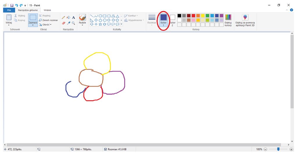 Zrzut ekranu z rozwiniętą zawartością edytora programu Paint (w tym: Obraz, Narzędzia, Kształty, Kolory). Ikonka Kolor 1 zakreślona czerwonym kółkiem. Wybrany kolor niebieski. W edytorze narysowany Ołówkiem kolorowy fragment kwiatka.