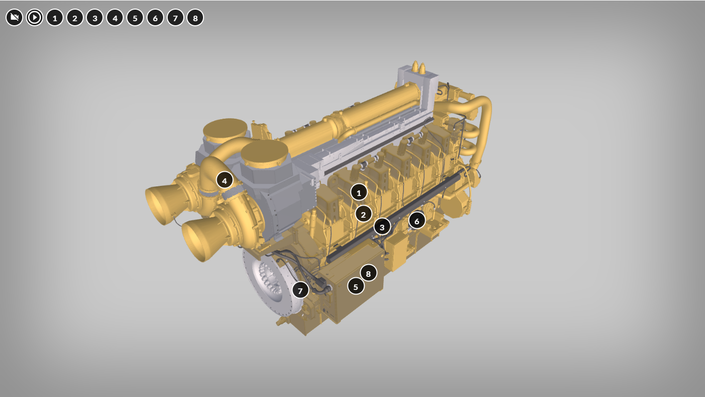 Grafika przedstawia widok na przykładowe okno wizualizacji wyświetlające się po uruchomieniu modelu. Widoczny jest silnik, którego niektóre elementy są oznaczone okrągłymi, ponumerowanymi znacznikami.