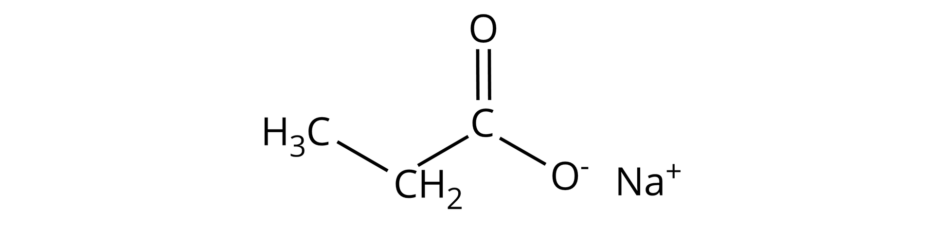 Propionian sodu o strukturze złożonej z grupy CH3 związanej z grupą CH2, która to łączy się z grupą  COO-, której ładunek ujemny kompensowany jest przez kation sodowy Na+.