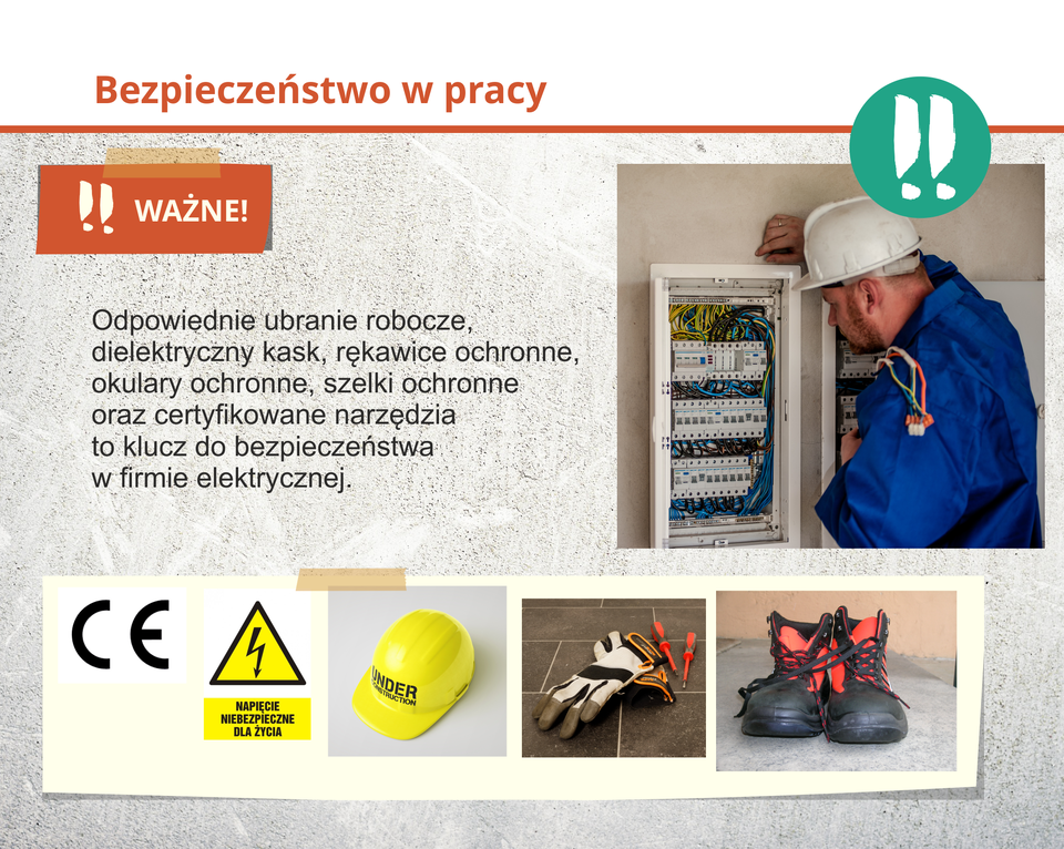 Odpowiednie ubranie ochronne, kask oraz certyfikowane narzędzia to klucz do bezpieczeństwa w firmie elektrycznej.