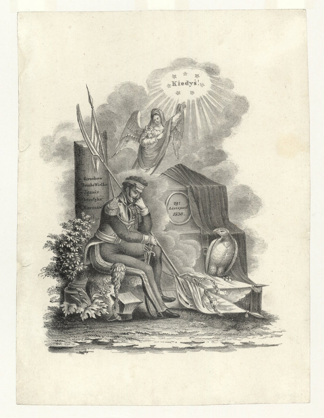 Czarno‑biała grafika przedstawia siedzącego na kamieniu powstańca w mundurze. Prawą ręką przytrzymuje rękojeść szabli, lewą podpiera policzek. Na głowie ma opatrunek, spod którego sączy się krew. U jego stóp po lewej stronie znajduje się czapka żołnierska z ozdobnym pióropuszem. Po prawej leżą sztandary, na których siedzi spoglądający na żołnierza orzeł.  Za powstańcem znajduje się postument z wyrytymi nazwami miejsc bitew (Grochów, Dębe Wielkie, Iganie, Ostrołęka, Warszawa) oraz częściowo przykryty suknem pomnik z datą 29 listopada 1830. Nad nim unosi się anioł o twarzy pięknej kobiety, ubrany w luźną szatę. Spogląda na powstańca. Lewą ręką wskazuje znajdujący się ponad jego głową otoczony gwiazdami napis: Kiedyś!, dookoła którego namalowano promienie rozświetlające znajdujące się w tle kłęby chmur.