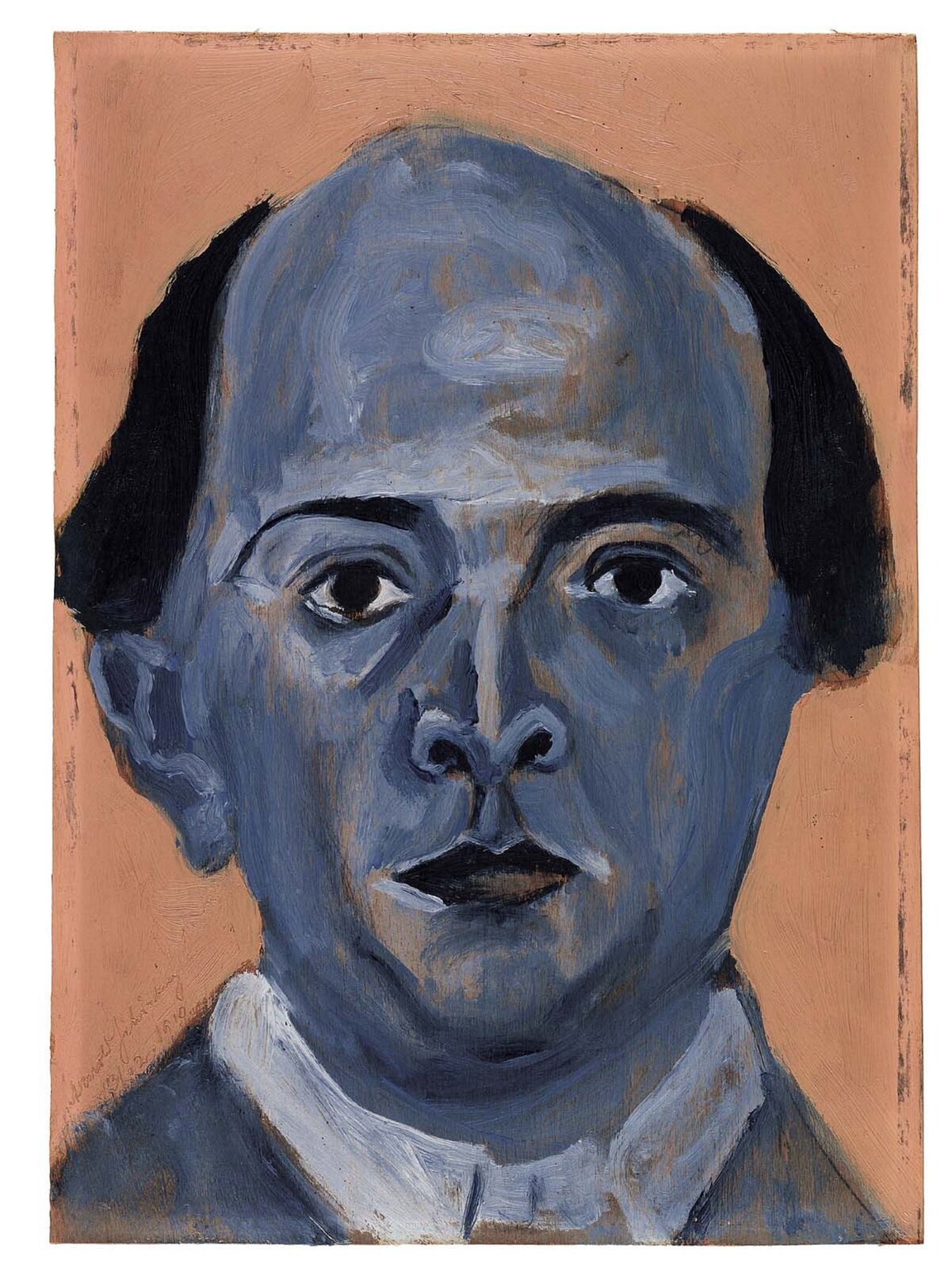Ilustracja przedstawia autoportret Schönberga. Jest to postać namalowana w tonacjach niebiesko-beżowych z elementami czerni. Tło w odcieniu beżowym. Malarz podkreślił łysinę mężczyzny i duże uszy.
