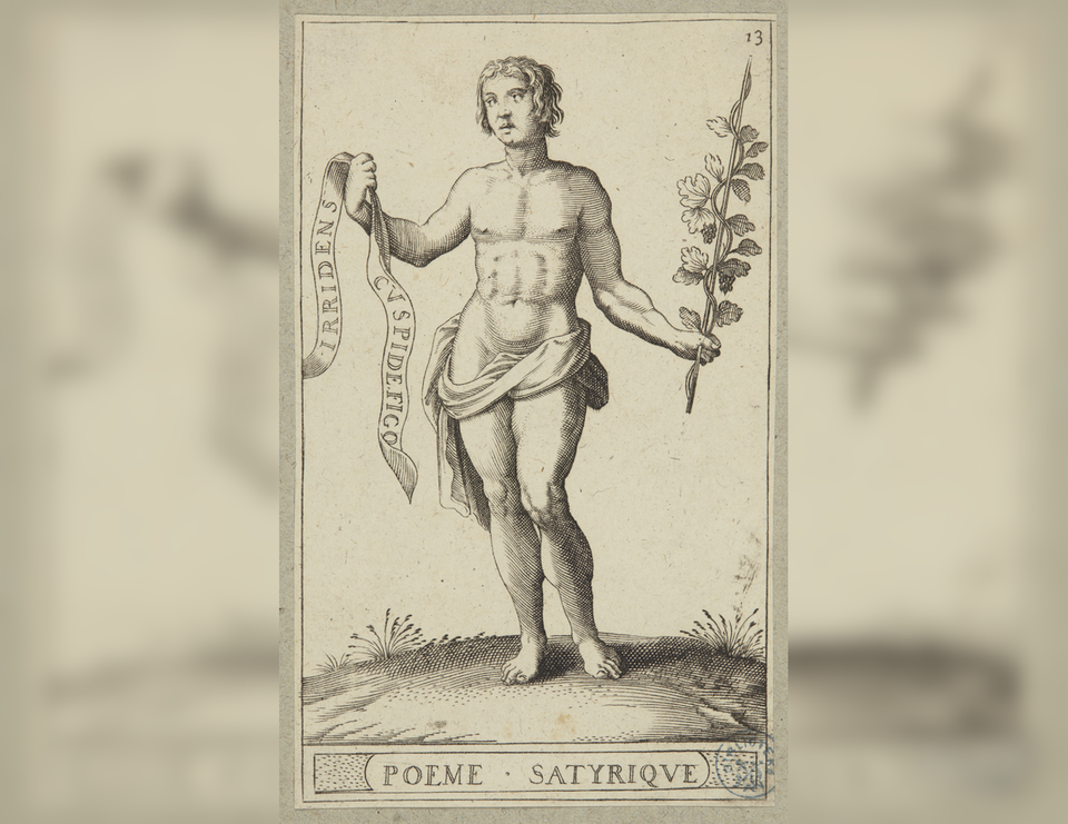 Rycina przedstawia stojącego, młodego mężczyznę. Jest on muskularny, nagi, jedynie biodra ma osłonięte zwojem materiału. W lewej dłoni mężczyzna trzyma kijek z nawiniętym nań kłączem kwiatowym. W prawej dłoni trzyma szarfę. Na szarfie znajduje się napis: Irridens Cuspidefigo.