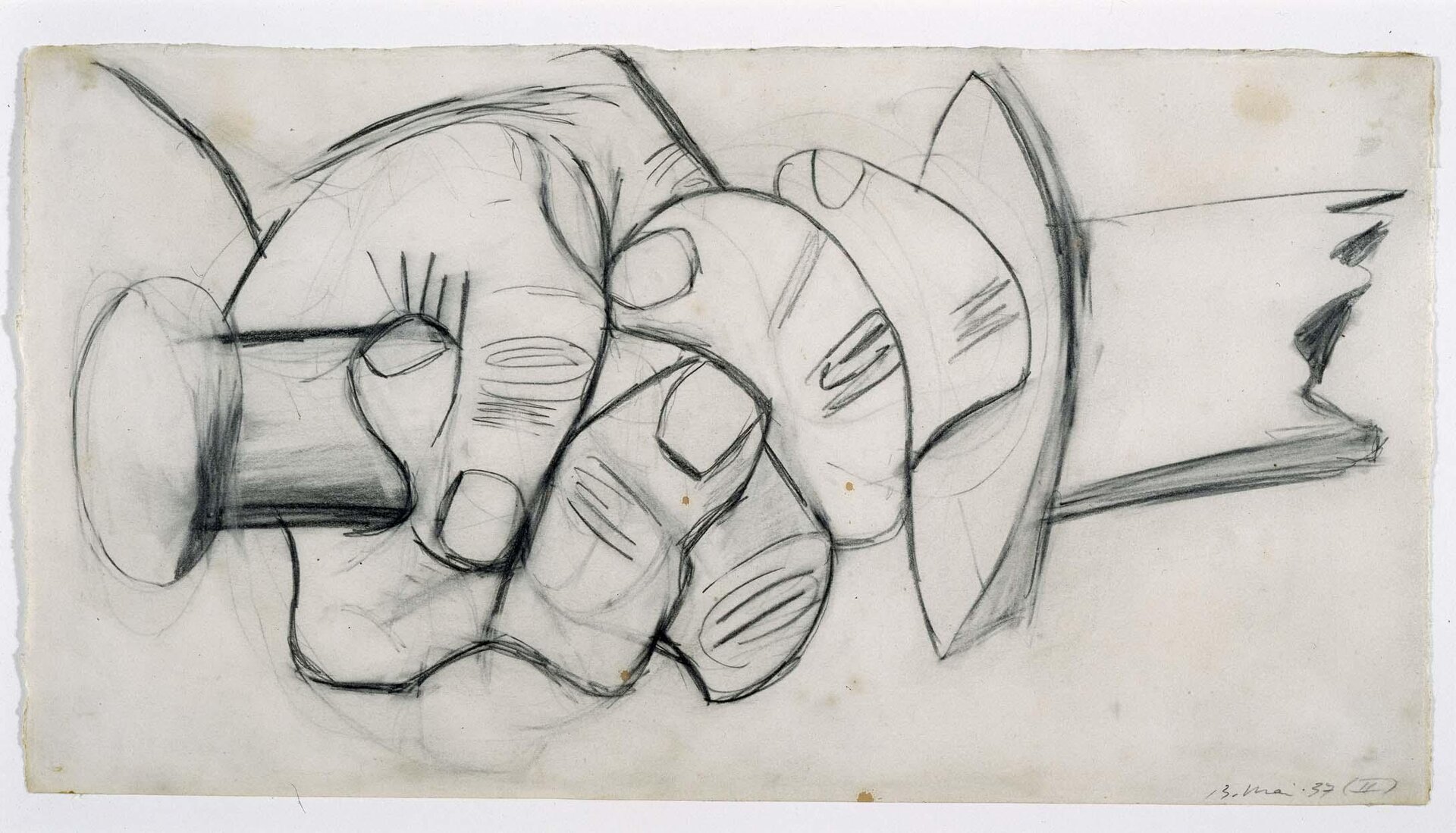 Rysunek przedstawiający szkic oderwanej dłoni trzymającej pęknięty miecz.