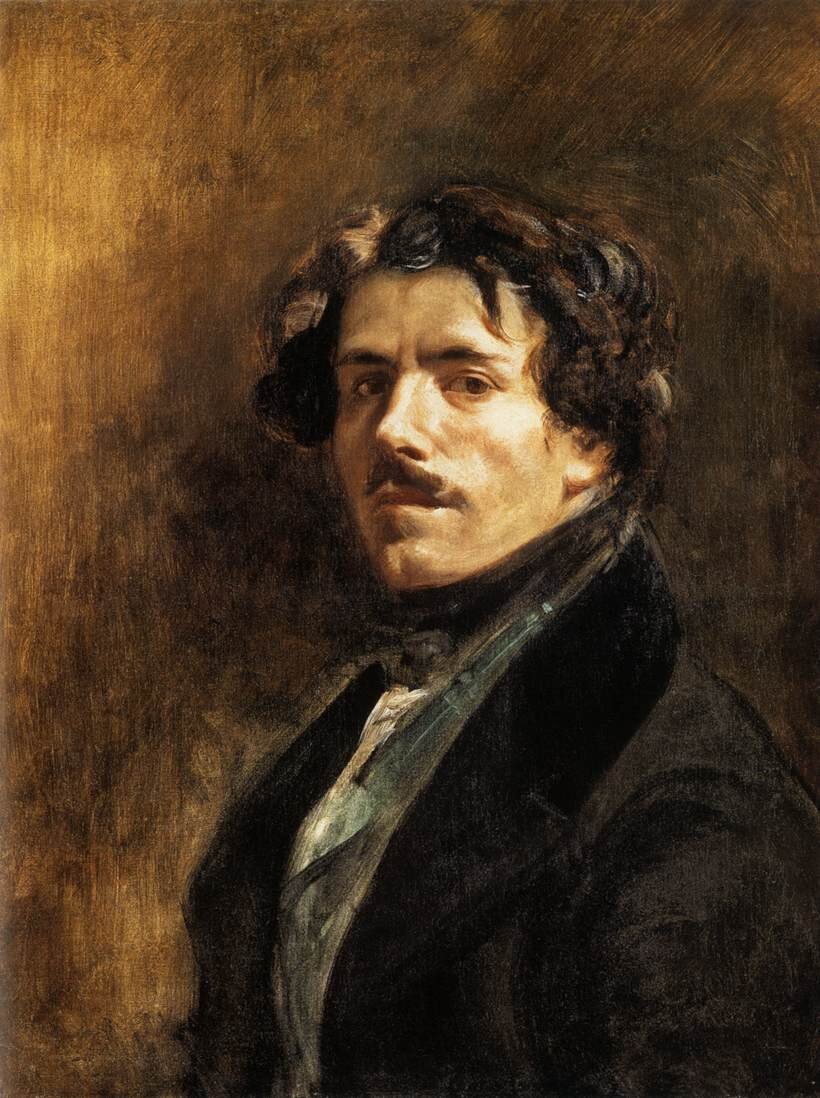 Ilustracja przedstawia obraz Eugène'a Delacroix „ Autoportret". W kadrze znajduje się mężczyzna ze zwróconą głową w stronę widza. Ma bujne, falowane ciemne włosy wąsy i ciemną oprawę oczu. Jest ubrany w elegancki strój: marynarkę, kamizelkę, koszulę i apaszkę pod brodą. Tło jest zróżnicowane walorowo. Najbardziej oświetloną częścią obrazu jest twarz mężczyzny.