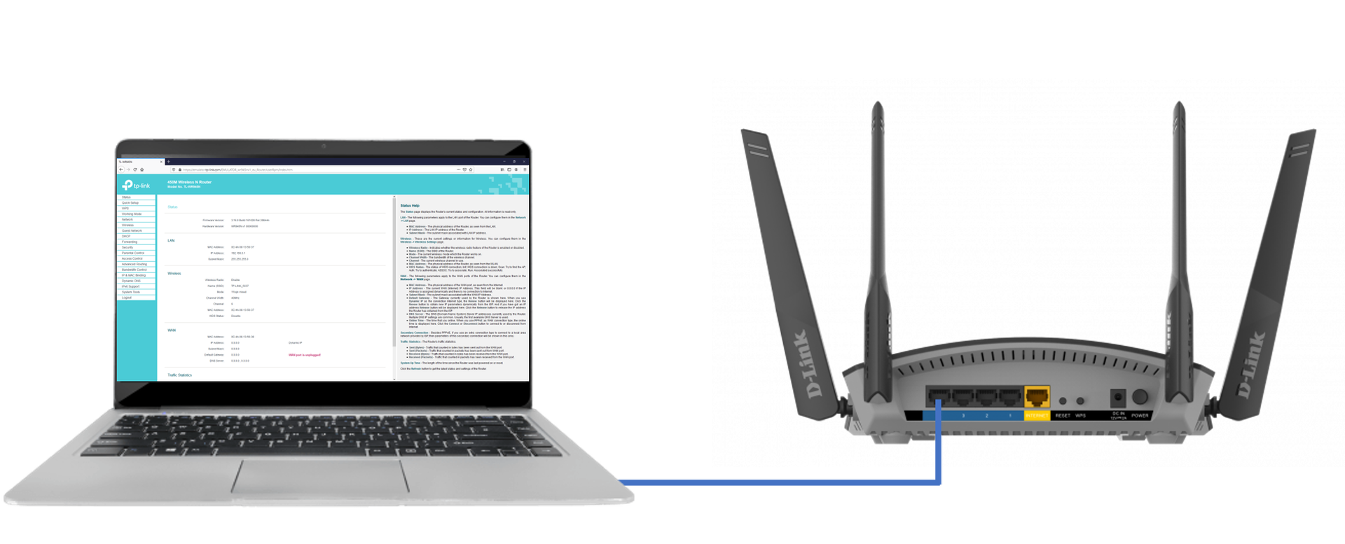 Ilustracja przedstawia laptopa z włączoną stroną konfiguracyjną rutera.  Od laptopa wychodzi niebieski przewód łączący go z wejściem RJ45 rutera D-link o 4 antenach.