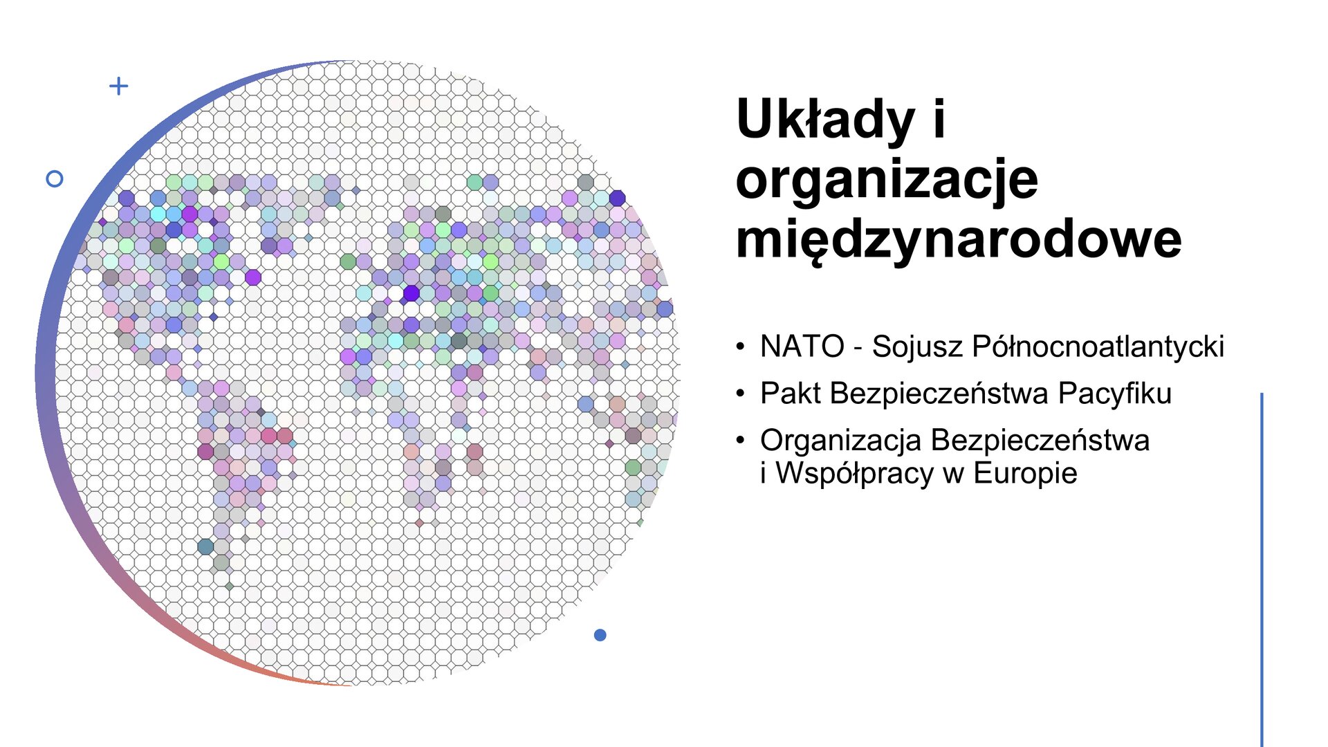 Biały slajd. Z lewej strony ilustracja przedstawiająca mapę świata ułożoną z małych kółek. Z prawej strony slajdu tekst: „Układy i organizacje międzynarodowe. NATO - Sojusz Północnoatlantycki. Pakt Bezpieczeństwa Pacyfiku. Organizacja Bezpieczeństwa i Współpracy w Europie”.