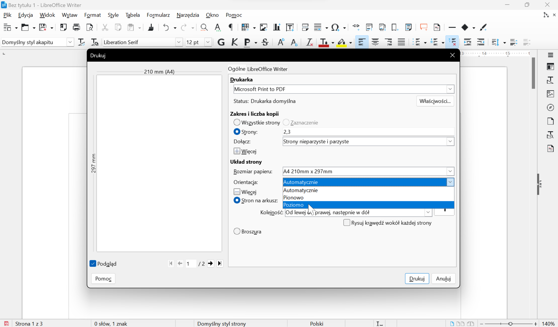 Ilustracja przedstawia okno drukuj w programie LibreOffice Writer. Kursor umieszczony jest na pozycji Poziomo listy rozwijanej Orientacja w sekcji Układ strony.