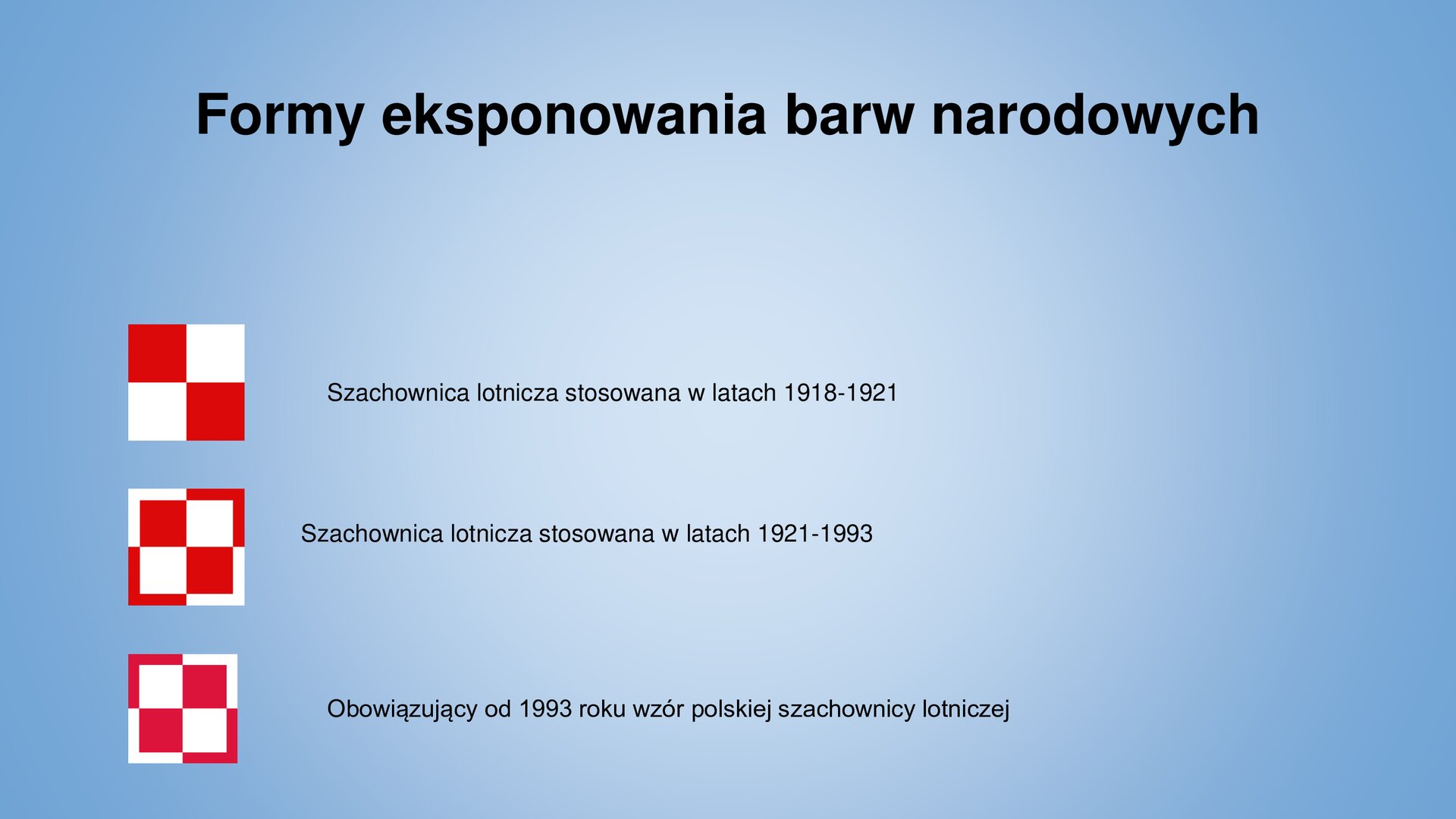 Slajd zawiera napis tytułowy: Formy eksponowania barw narodowych. Tło jest koloru błękitnego. Po lewej stronie umieszczone są zdjęcia eksponowania barw narodowych. Po prawej stronie znajdują się informację. Pierwsza ilustracja przedstawia kwadrat, który jest podzielony na cztery kwadraty. W pierwszym rzędzie są ułożone następująco: czerwony, biały. W drugim rzędzie są ułożone: biały, czerwony. Obok jest napis: szachownica lotnicza stosowana w latach 1918 – 1921. Druga ilustracja przedstawia kwadrat, który jest podzielony na cztery kwadraty. W pierwszym rzędzie są ułożone następująco: czerwony, biały. W drugim rzędzie są ułożone: biały czerwony. Kwadrat jest otoczony biało – czerwono lamówką. Tam gdzie kwadrat jest czerwony, jest ona koloru białego i odwrotnie. Obok jest napis: szachownica lotnicza stosowana w latach 1921 – 1993. Trzecia ilustracja przedstawia kwadrat, który jest podzielony na cztery kwadraty. W pierwszym rzędzie są ułożone następująco: biały, czerwony. W drugim rzędzie są ułożone: czerwony, biały. Kwadrat jest otoczony biało – czerwono lamówką. Tam gdzie kwadrat jest czerwony, jest ona koloru białego i odwrotnie. Obowiązujący od 1993 roku wzór polskiej szachownicy lotniczej. 
