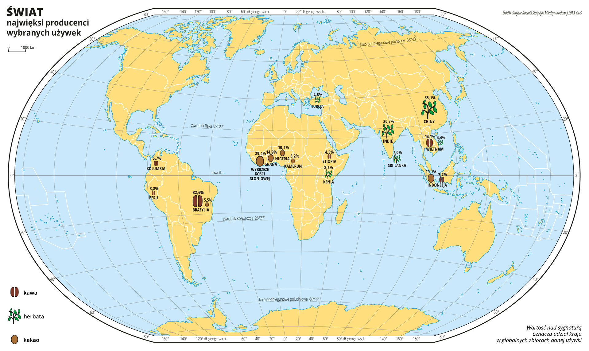 Na ilustracji ukazano mapę świata. Wody zaznaczono kolorem niebieskim. Na mapie za pomocą sygnatur zaznaczono największych producentów używek: kawy, herbaty i kakao. Nad sygnaturami zapisano liczbę oznaczającą udział kraju w globalnych zbiorach danej używki. Największa ilość sygnatur znajduje się na obszarach położonych wzdłuż równika i w południowych Indiach i Chinach. Mapa pokryta jest równoleżnikami i południkami. Dookoła mapy w białej ramce opisano współrzędne geograficzne co dwadzieścia stopni. Po lewej stronie mapy opisano znaki użyte na mapie.