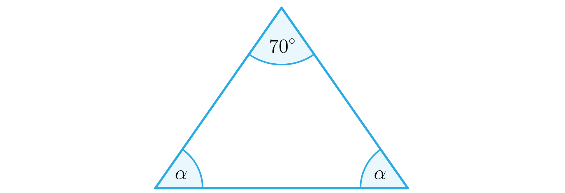 Ilustracja przedstawia trójkąt, w którym każdy z dwóch kątów przy podstawie podpisano literą alfa, a kąt między ramionami ma miarę 70 stopni.