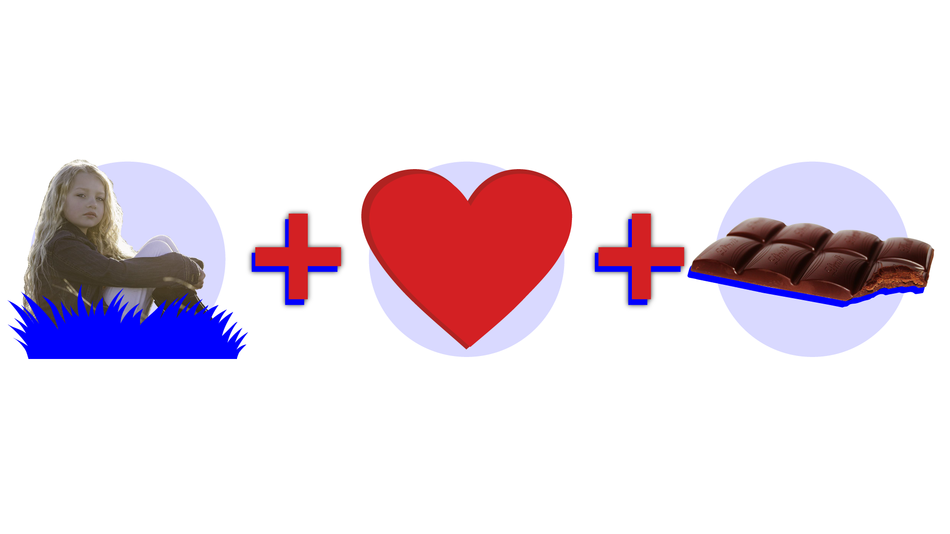 Ilustracja przedstawia rebus złożony z trzech ilustracji, pomiędzy którymi znajduje się znak "+". Pierwsza ilustracja przedstawia dziewczynkę siedzącą w trawie. Druga ilustracja przedstawia symbol jednego czerwonego serca, a na ostatniej ilustracji widać ugryzioną czekoladę.