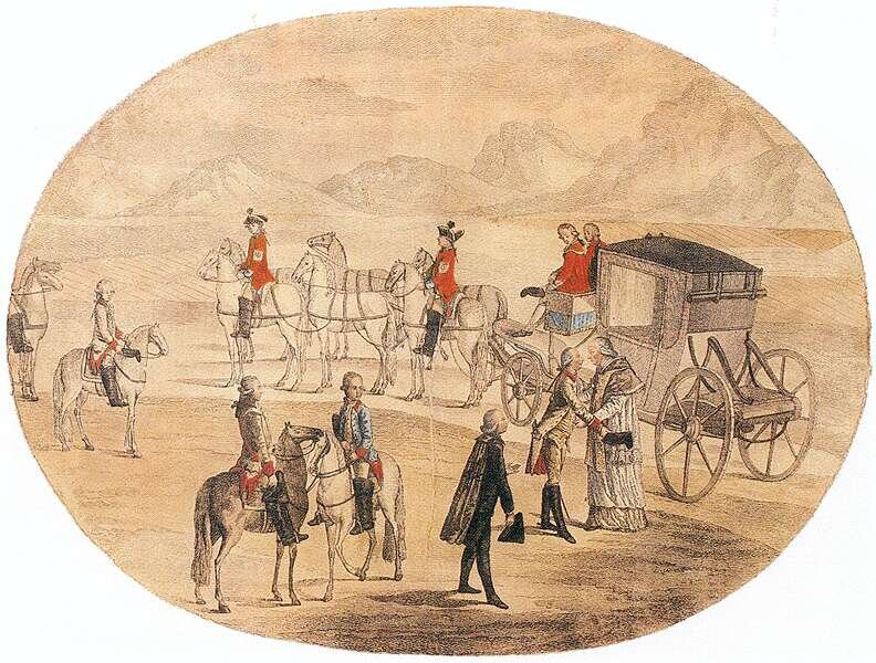 Obraz przedstawia karetę jadącą drogą, zaprzęgniętą w szóstkę koni. Obok karety widać postać papieża Piusa VI, witanego przez króla Józefa II. Papież trzyma króla za przedramiona, a ten jest nieco nachylony w kierunku papieża.