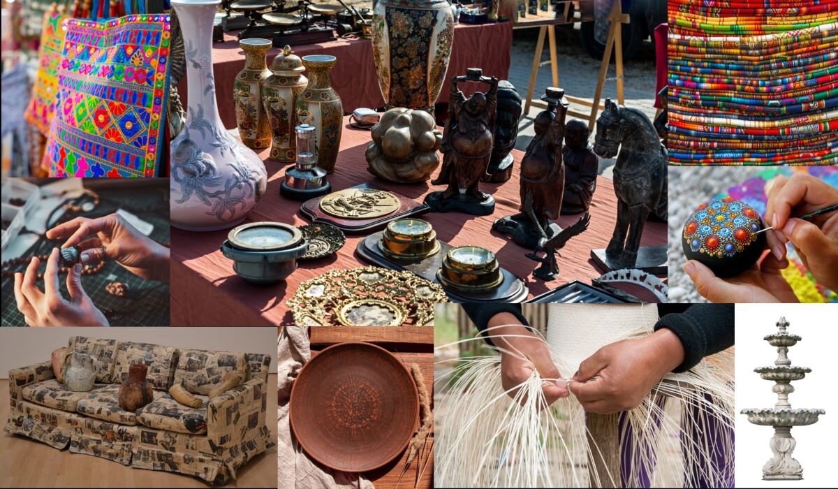 Ilustracja jest fotomontażem ośmiu fotografii przedstawiających różnorodne dzieła rzemiosła artystycznego, np.: naczynia ceramiczne, tkaniny, biżuteria, drobne figurki. Niektóre fotografie przedstawiają przedmioty podczas ich tworzenia. Znajdują się na nich ręce podczas wykonywania wyplatania kosza z wikliny oraz malowania szkatułki.