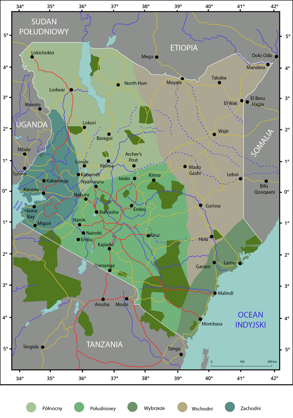 Mapa. Na niej regiony turystyczne Kenii. Na mapie regiony turystyczne oznaczono kolorami. Kolorem jasnozielonym - północny, ciemnozielonym - południowy, khaki - wybrzeże, beżowym - wschodni a morskim - zachodni. Region północny znajduje się na północnym zachodzie Kenii, region południowy - na południu, region wybrzeża nad wybrzeżem, region wschodni na północnym wschodzie, a region zachodni na południowym zachodzie. Na mapie oznaczono granice państw i miejscowości oraz Ocean Indyjski. 