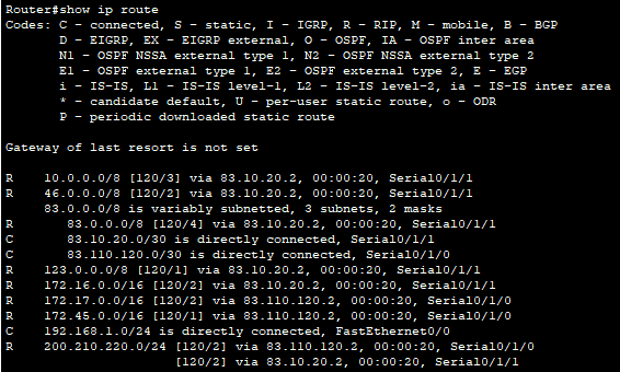 Zrzut ekranu przedstawia wynik wykonania polecenia: ip route , w konsoli. Przedstawia on tablicę routingu. Przedstawia ona listę wyjść rutera wraz z przypisanymi do nich numerami ip.