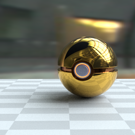 Render  przedstawia kulę stojącą na szaro‑białej szachownicy.  Kula ta to pokeball  z wypolerowanego, złotego materiału odbijającego światło przypominającego metal.  Na środku pokeballa znajduje się żółty okrąg.