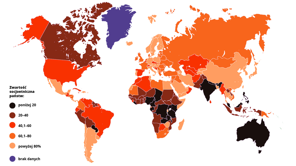 Mapa świata przedstawia zawartość socjoetniczną państw. Państwa o niskim stopniu zwartości socjoetnicznej to kraje wielonarodowe. Państwa pozbawione (lub o marginalnej roli) mniejszości to państwa jednolite narodowościowo – homogeniczne, czyli o wysokiej zwartości socjoetnicznej. Poszczególne państwa, zależnie od tej wartości są oznaczone na dany kolor. Kraje z wartością poniżej 20 procent  to m.in. Australia, Indie, Kanada oraz część krajów w środkowej Afryce. Wartość 20‑40 procent prezentuje część krajów Afryki, Pakistan i Indonezja. Państwa z  wartością w przedziale 40,1‑60 procent to m.in. Stany Zjednoczone, Brazylia czy Hiszpania. Wartość 60,1 – 80 procent to m.in. Rosja, większość krajów Europy Wschodniej, Turcja, część krajów Bliskiego Wschodu, Francja czy Wielka Brytania. Wartość powyżej 80 procent to część krajów Europy m.in. Polska, Niemcy i Włochy, Iran, Arabia Saudyjska, Chiny, Egipt, Meksyk, Argentyna czy Chile.