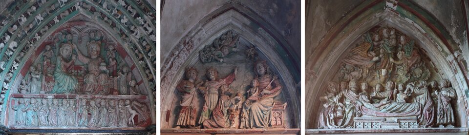 Ilustracja przedstawiatrzy tympanony ukazujące trzy różne sceny. W pierwszym następuje koronacja Maryi. W tej scenie na pierwszym planie widoczne są dwie osoby - mężczyzna i kobieta. Kobieta to Maryja, która klęczy przed mężczyzną. Obok widoczne są postacie które się temu przyglądają. W drugiej scenie następuje adoracja trzech króli. Trzej królowie spoglądają w niebo, obok nich widoczne są postacie oraz anioły. Trzecia scena dotyczy śmierci Matki Boskiej. W tej scenie widoczna jest leżąca i zmarła Matka Boska. Nad nią latają anioły, a obok jej ciała widać przygnębionych ludzi.