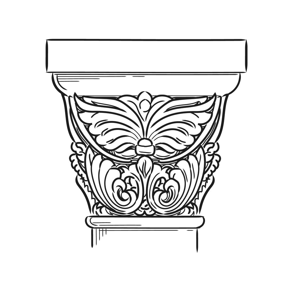 Czarno‑biała ilustracja przedstawia głowicę blokowo‑kielichową o kształcie ściętego ostrosłupa, którego ściany zostały bogato przyozdobione ornamentami oraz wymodelowanymi elementami o kształcie liści. 