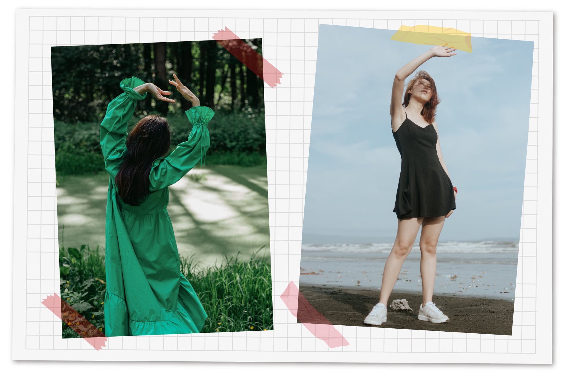 Ilustracja przedstawia kobietę w długiej zielonej sukience z długim rękawem oraz kobietę w krótkiej czarnej sukience na ramiączka.