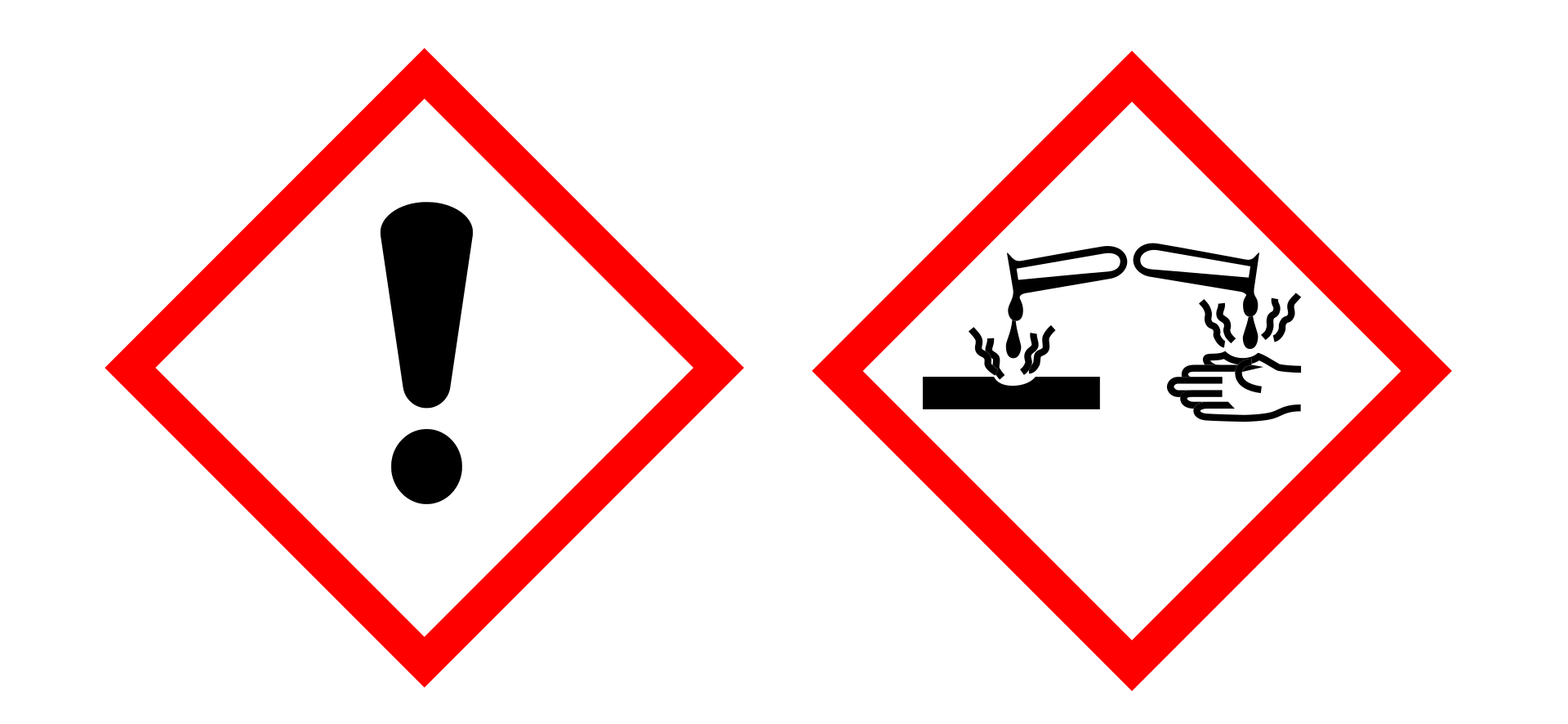 Na ilustracji przedstawiono dwa piktogramy ostrzegawcze, umieszczane na opakowaniu kwasu chlorowodorowego. Mają kształt rombu z grubą czerwoną ramką. Na pierwszym z nich znajduje się czarny wykrzyknik, a na drugim dwie probówki odwrócone do siebie poziomo dnami, z których kroplami wylewa się żrąca ciecz. Krople spadają po lewej stronie na kawałek metalu, symbolizowany przez czarny prostokąt, a po prawej stronie na dłoń. W obydwu obiektach tworzą się ubytki.