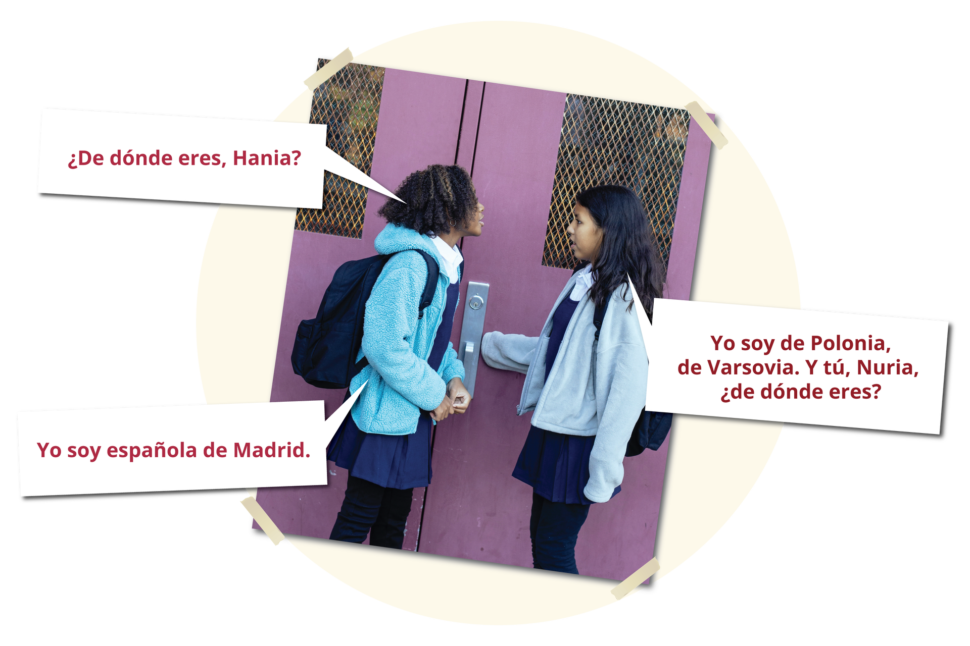 Ilustracja przedstawia dwie nastolatki stojące przed wejściem do budynku. Rozmawiają. Dialog: - ¿De dónde eres, Hania? - Yo soy de Polonia, de Varsovia. Y tú, Nuria, ¿de dónde eres? - Yo soy española de Madrid.