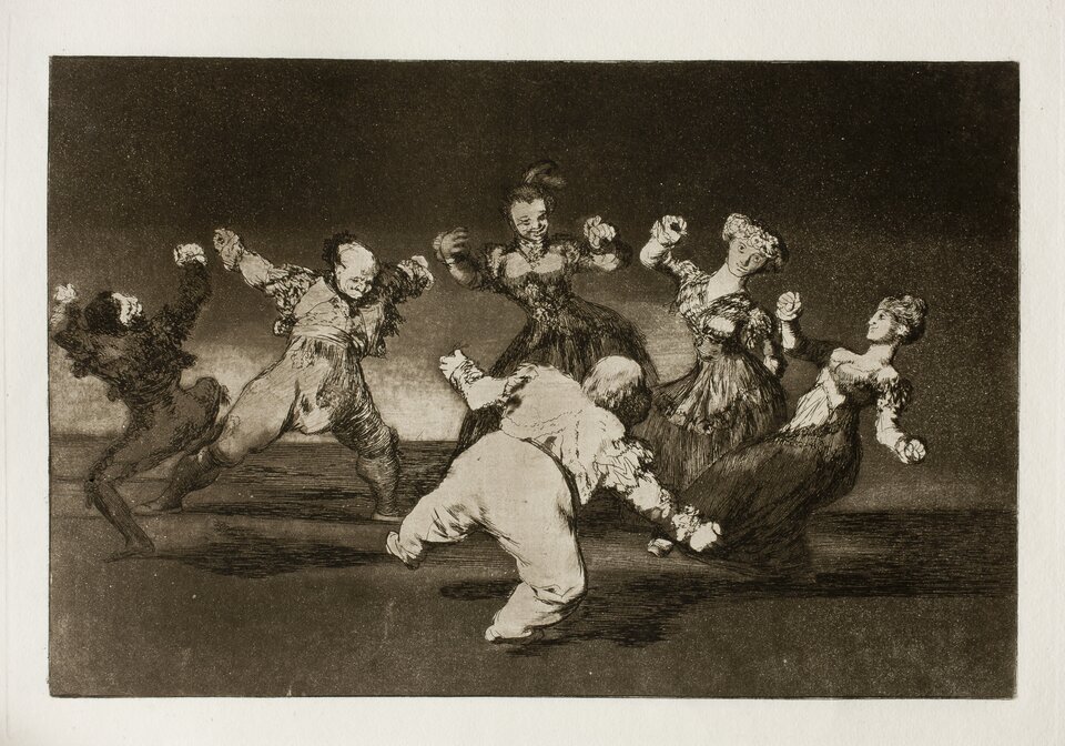 Ilustracja przedstawia sześcioosobową grupę tańczącą w okręgu. Postaci trzymają się za ręce. To dojrzałe osoby. Są to trzy kobiety i trzej mężczyźni. Kobiety są ubrane w długie suknie z głębokimi dekoltami. Mają wysoko upite włosy. Mężczyźni są niscy. Ubrani w ozdobne, krótkie kaftany i proste spodnie.