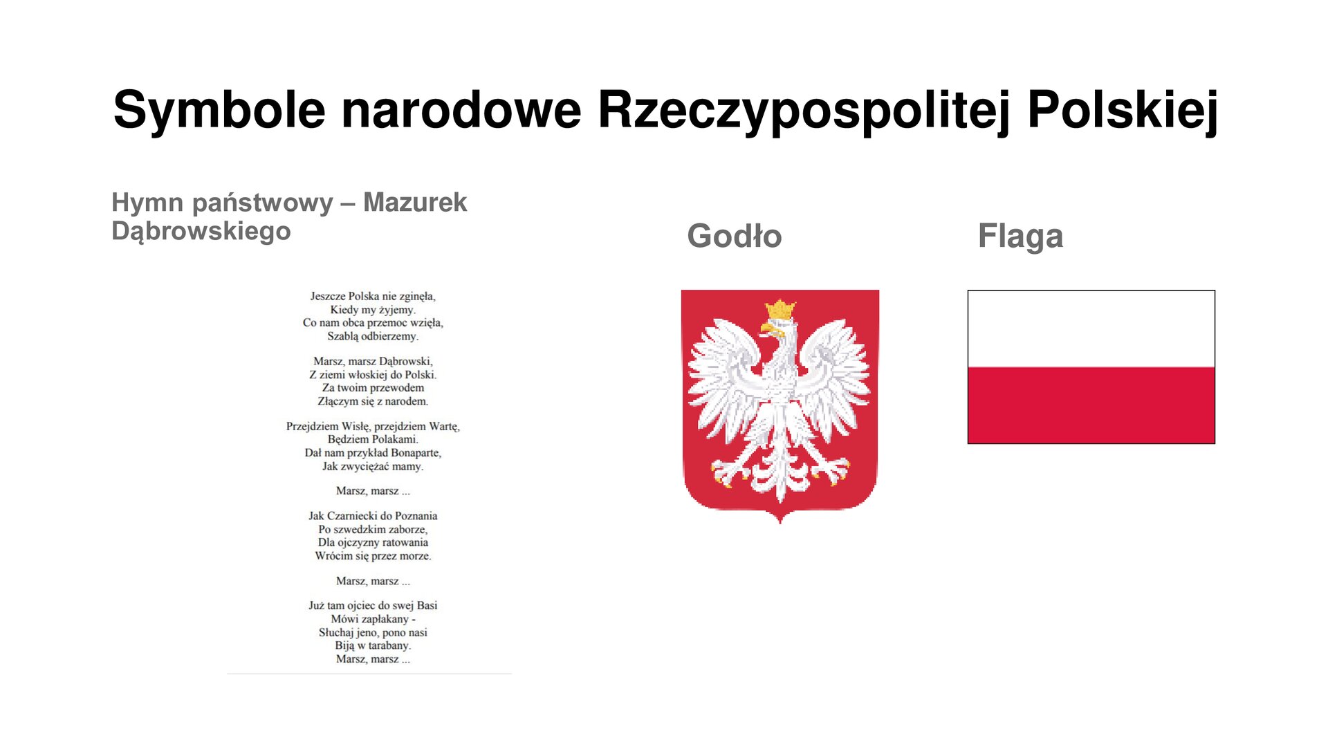 Na slajdzie zamieszczony jest napis tytułowy: Symbole narodowe Rzeczypospolitej Polskiej. Od lewej jest fragment hymnu - Mazurek Dąbrowskiego, zanim jest godło i biało‑czerwona flaga. Godło przedstawia na czerwonym tle, białego orła w złotej koronie, ze złotym dziobem i z rozłożonymi  skrzydłami.