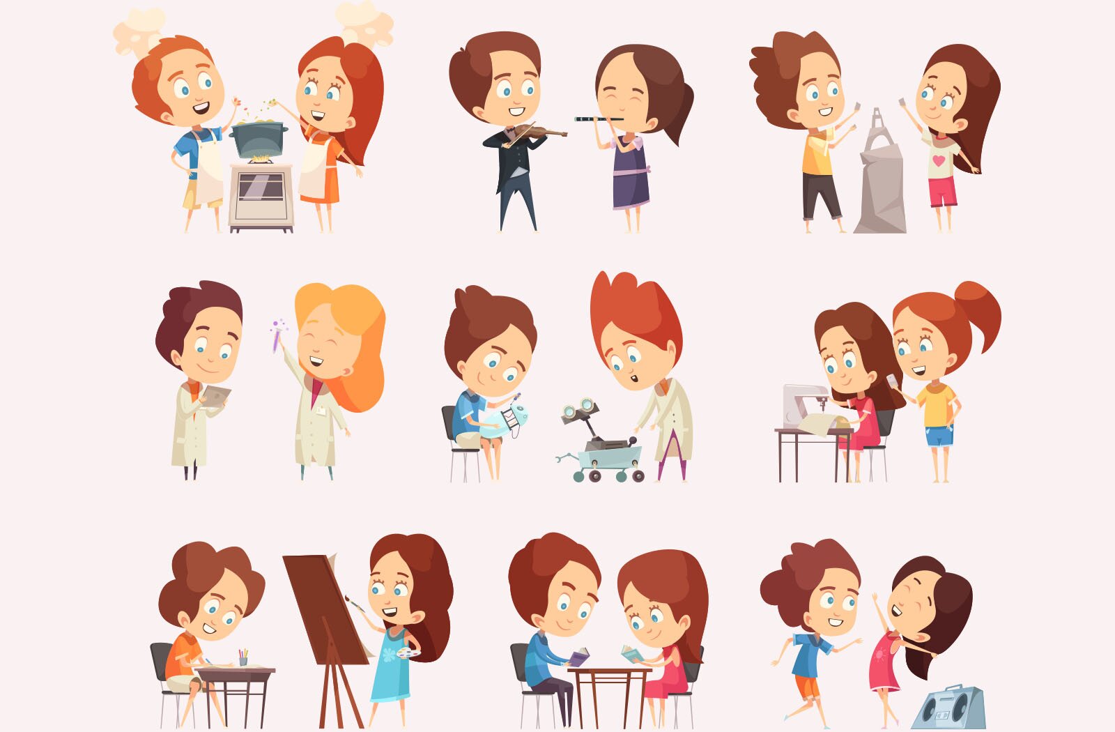 Ilustracja przedstawia dziewięć schematycznych grafik, na których różne pary radośnie realizują swoje pasje i zainteresowania. Pierwsza para gotuje razem – kobieta i mężczyzna pochylają się nad garnkiem stojącym na kuchence, z którego unosi się para. Druga para tworzy muzykę – mężczyzna gra na skrzypcach, a kobieta na flecie. Trzecia para wspólnie segreguje śmieci – kobieta trzyma otwarty worek, do którego druga osoba wrzuca odpady. Czwarta para to naukowcy w fartuchach – kobieta trzyma probówkę z kolorowym płynem, a mężczyzna zapisuje coś na tablecie. Piąta para zajmuje się robotyką – kobieta siedzi z częściami robota, a mężczyzna w fartuchu naprawia mechanizm robota na stole. Szósta para tworzy w zakresie krawiectwa – jedna kobieta pracuje przy maszynie do szycia, a druga filmuje jej pracę telefonem. Siódma para rozwija talenty artystyczne – jedna osoba rysuje przy stole, a druga maluje przy sztaludze. Ósma para wspólnie czyta – siedzą przy stole, każdy trzyma książkę i wymieniają się spostrzeżeniami. Dziewiąta para tańczy przy muzyce – kobieta i mężczyzna tańczą obok magnetofonu.